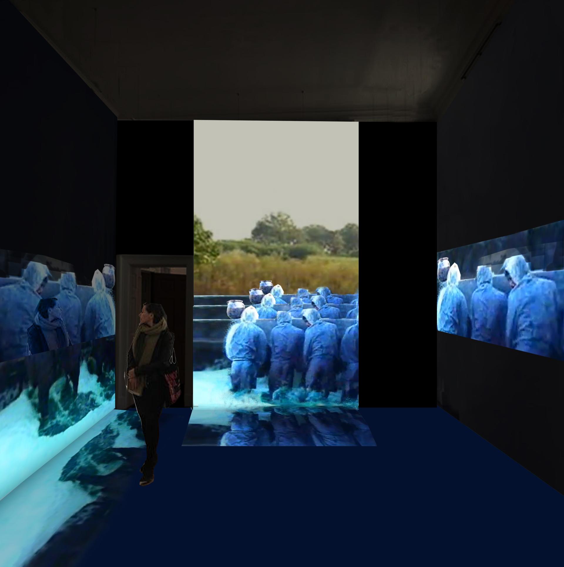 Interactive exhibit at Somerset House, showcasing indigo dye production with projections of workers in protective gear.