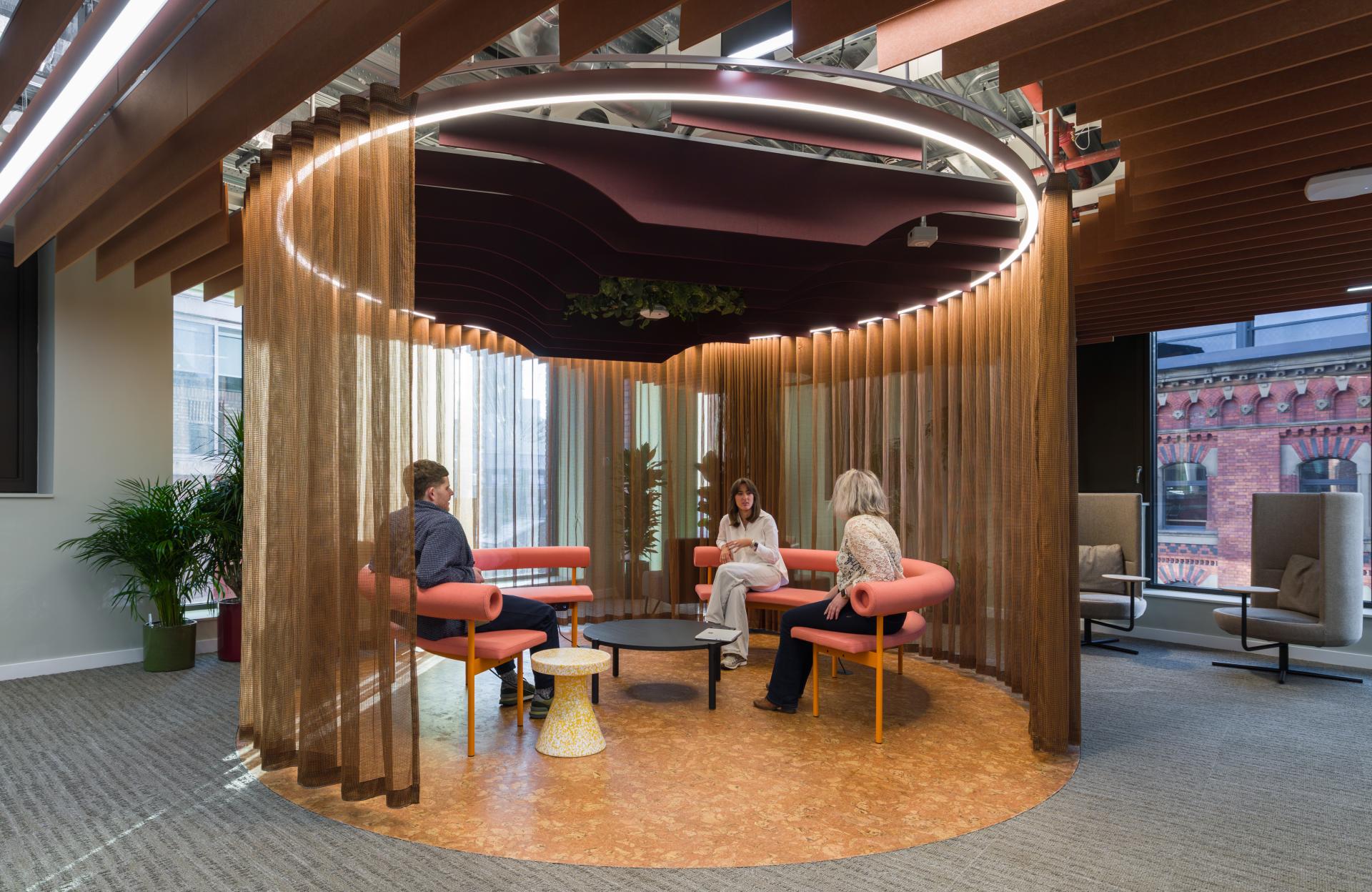 SpaceInvader's workplace scheme for Virgin Media O2 balances vibrancy with variety to support congregation and calm.