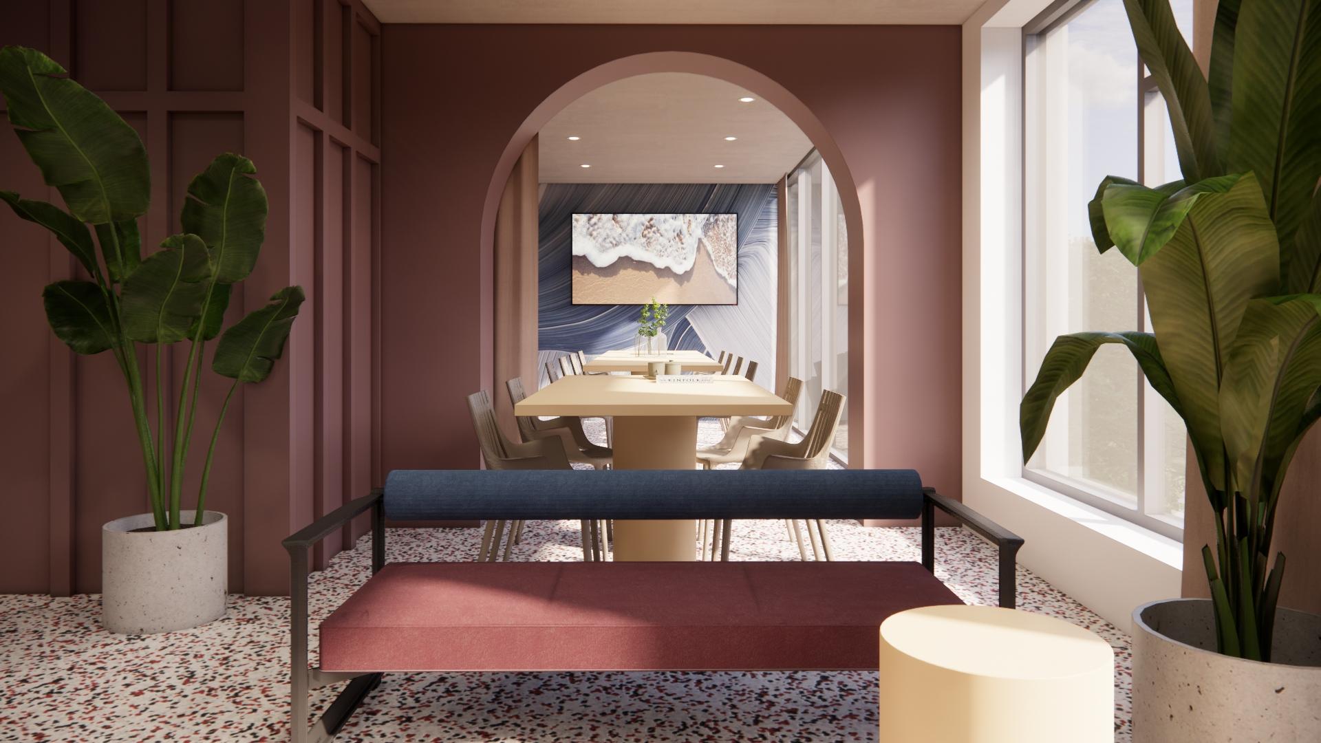 Stylish co-living space featuring modern decor, communal dining area, and greenery, designed by MONIKA Studio for Kosy brand.