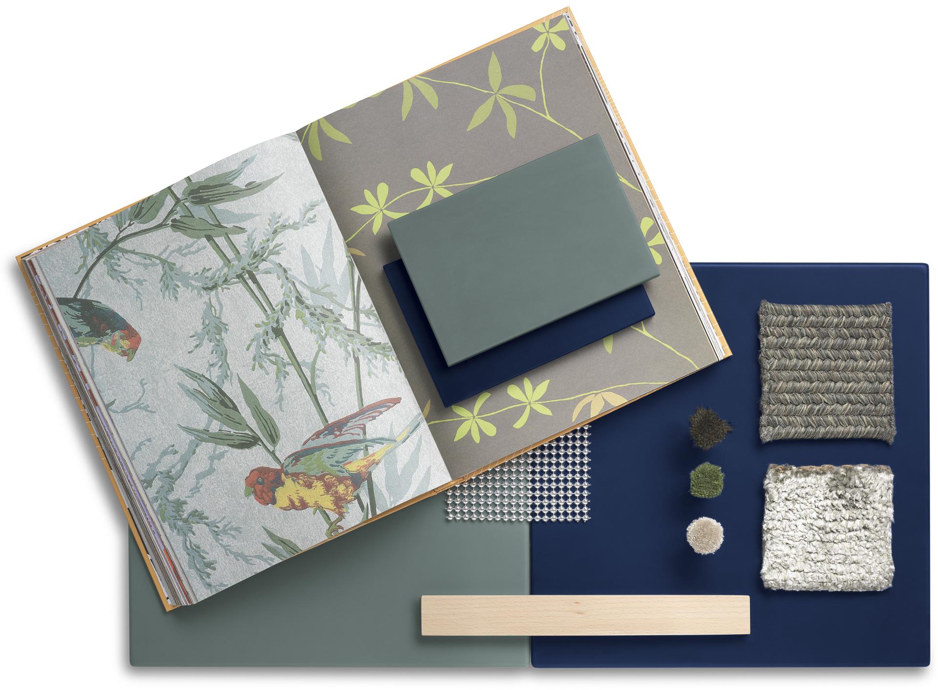 Sample materials and textures showcasing Corian® Design's new aesthetics inspired by nature and industry innovations.