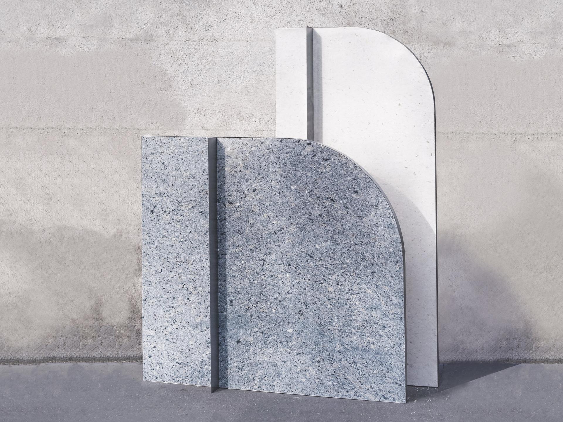 Circular materials feature sleek, multicolored textures, highlighting Surface Matter's innovative Material Rescue initiative for sustainable design.