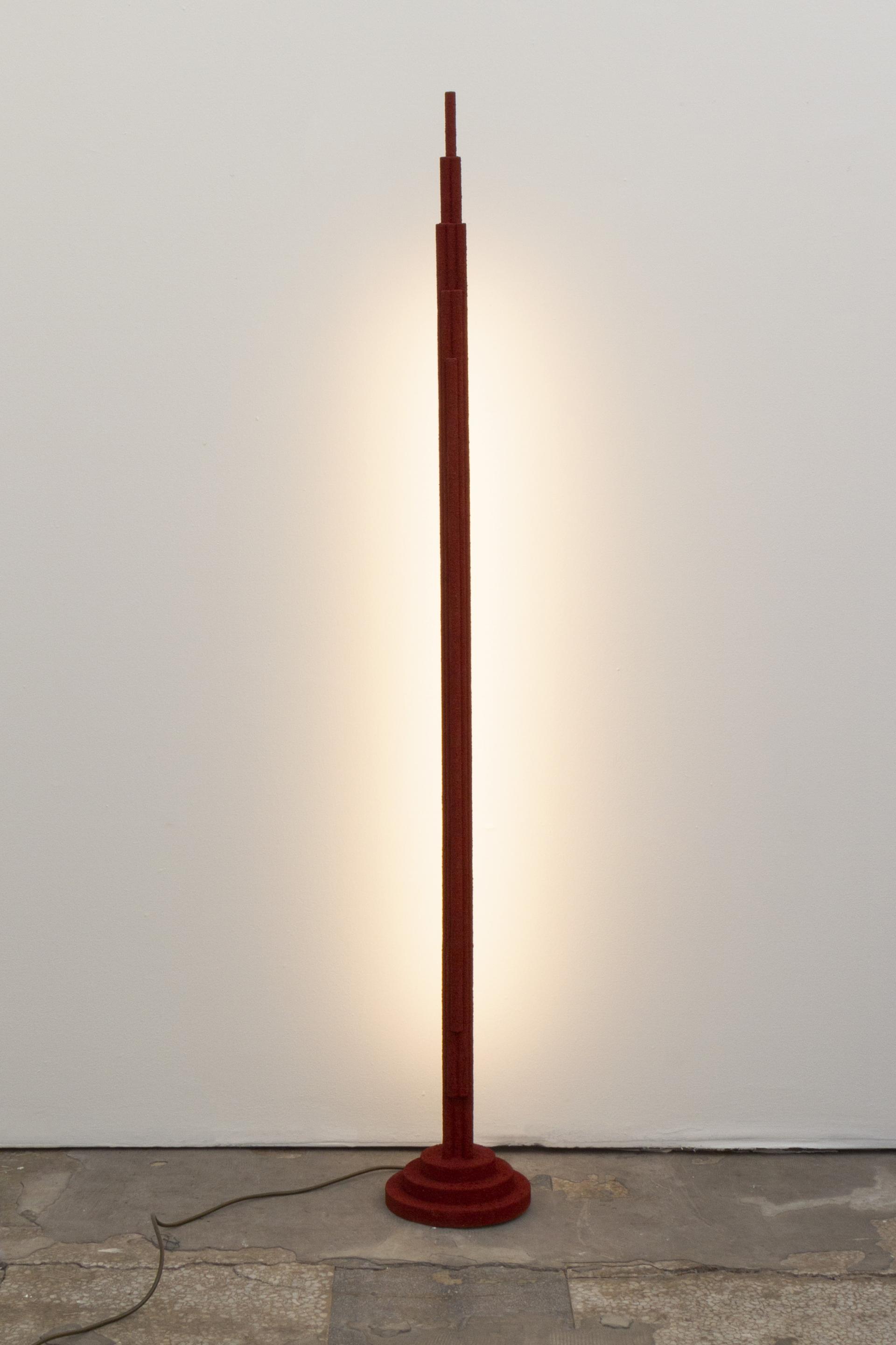 Sculptural red floor lamp radiating warm light, featured in A Second Life exhibition by Matter of Stuff at sketch.