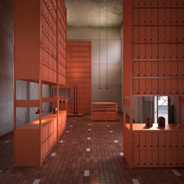 Interior view of the Stone Archive showcasing orange shelving units and textured flooring, highlighting volcanic material design by davidpompa.
