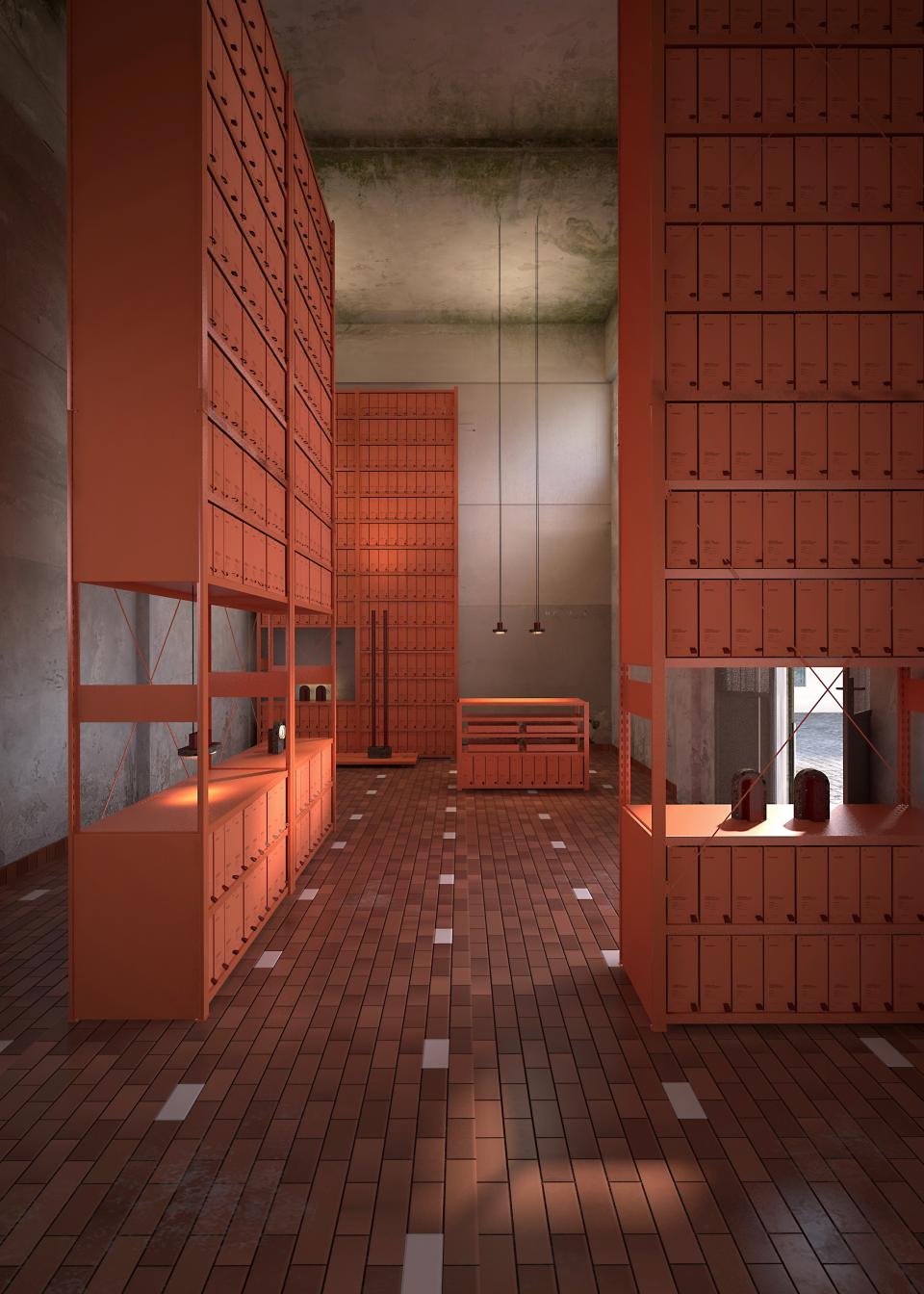 Interior view of the Stone Archive showcasing orange shelving units and textured flooring, highlighting volcanic material design by davidpompa.
