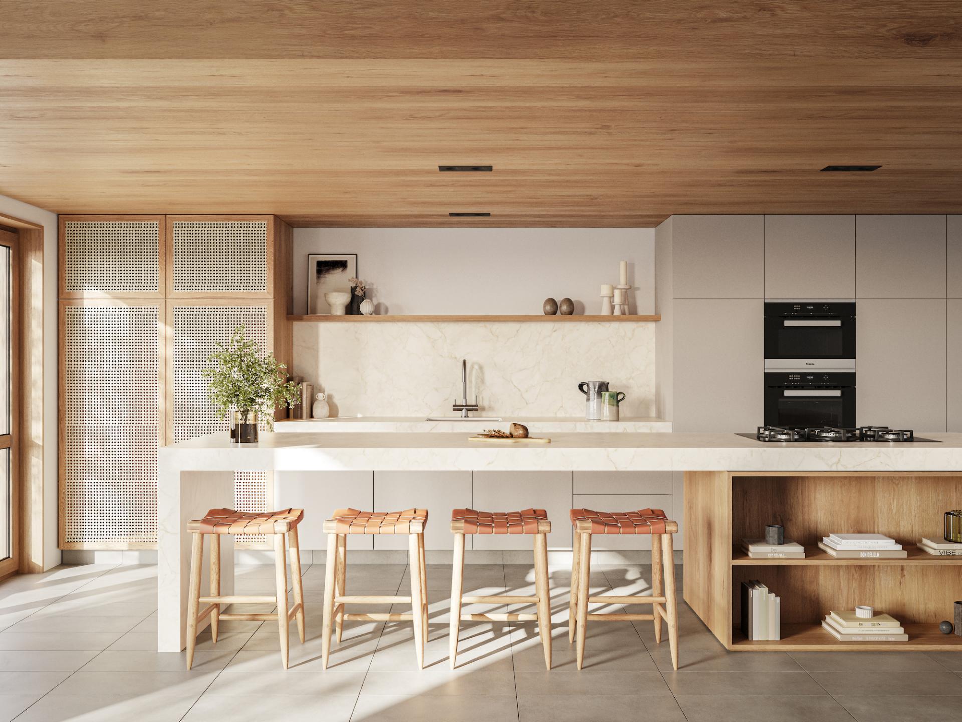 Modern kitchen featuring Caesarstone's Time collection, showcasing mineral-inspired surfaces and sleek, natural design elements.