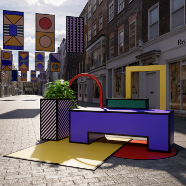 Colorful furniture and vibrant banners set up for Camille Walala's open-air living room installation at South Molton Street.