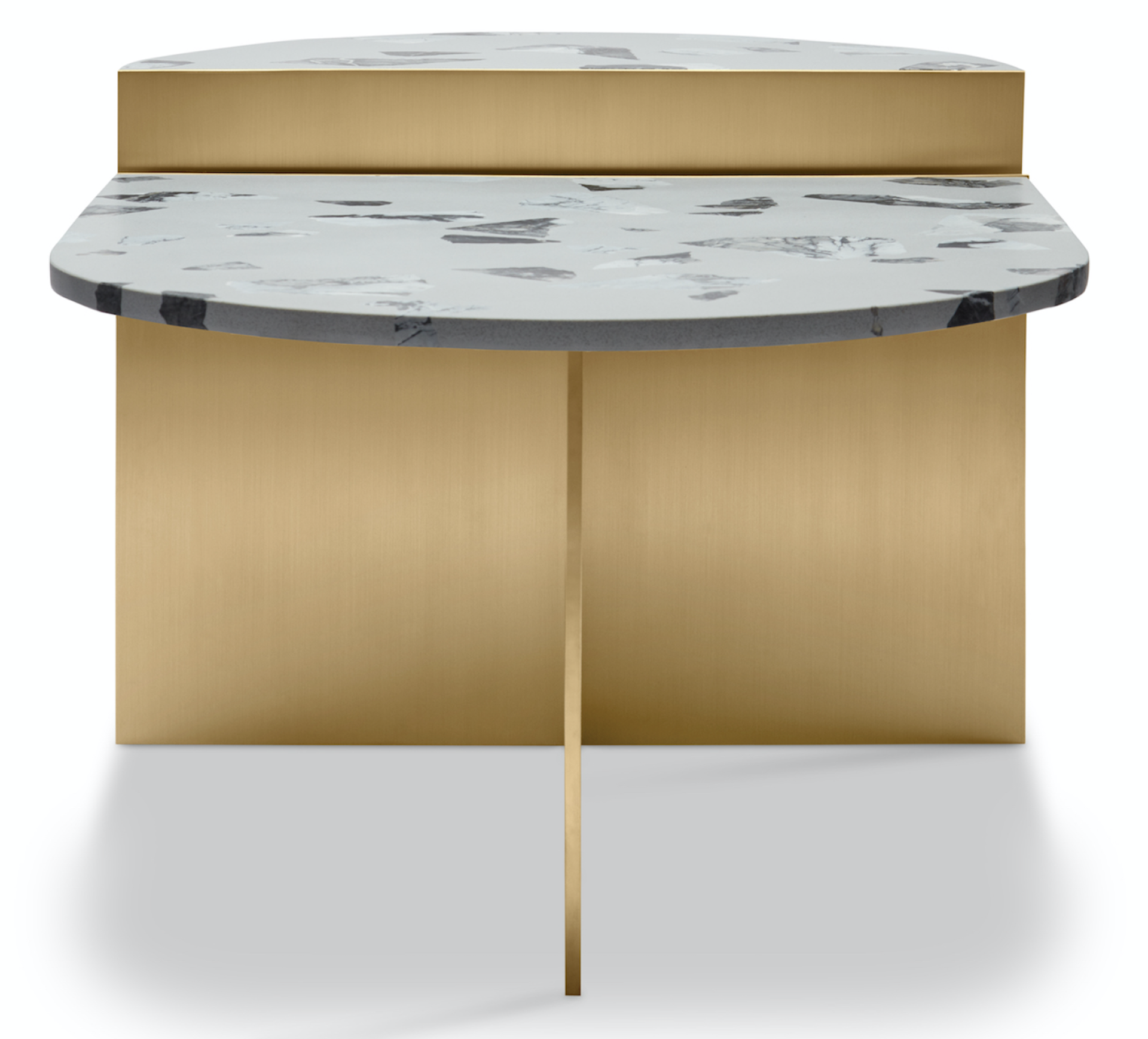 Sleek Table Objet features a unique gray and black marble top with a modern gold base, reflecting Maison Arabella's design ethos.