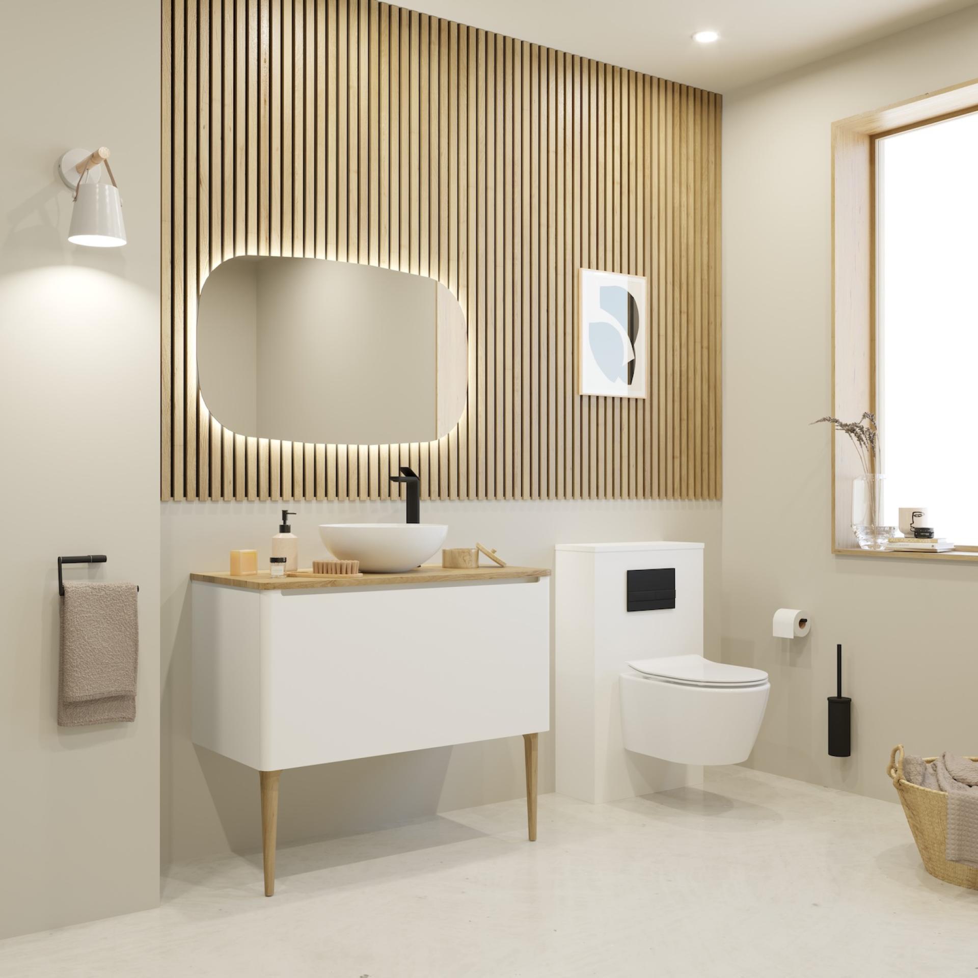 Modern bathroom design featuring wooden slat walls, stylish sink, and sleek fixtures, showcasing 2022 trends in interior decor.
