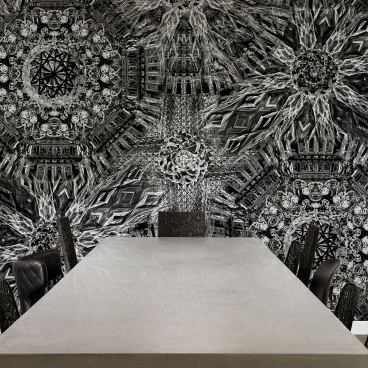 Elegant black and white wallpaper design featuring intricate patterns, complementing a contemporary dining table and chairs.