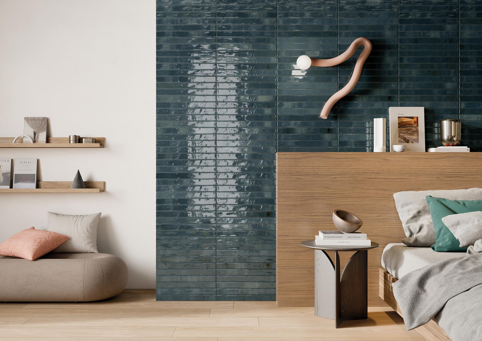 Stylish contemporary interior featuring Grestec's Mastreta elongated tiles, modern furniture, and decorative accessories.