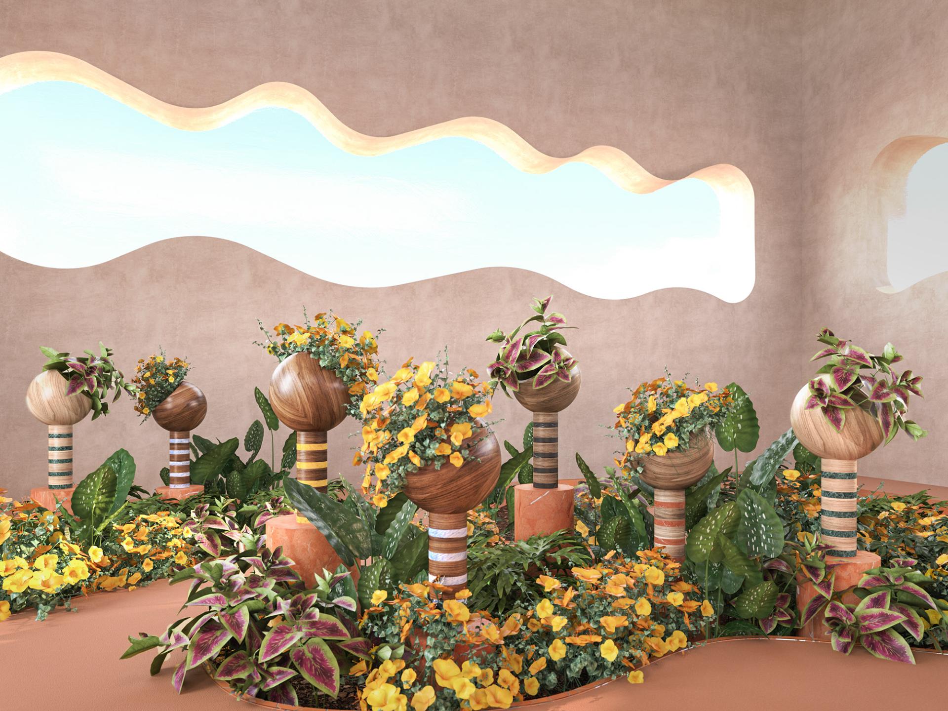 Colorful floral arrangements on sculptural pedestals in a creatively designed interior space by Masquespacio for Mas Creations.