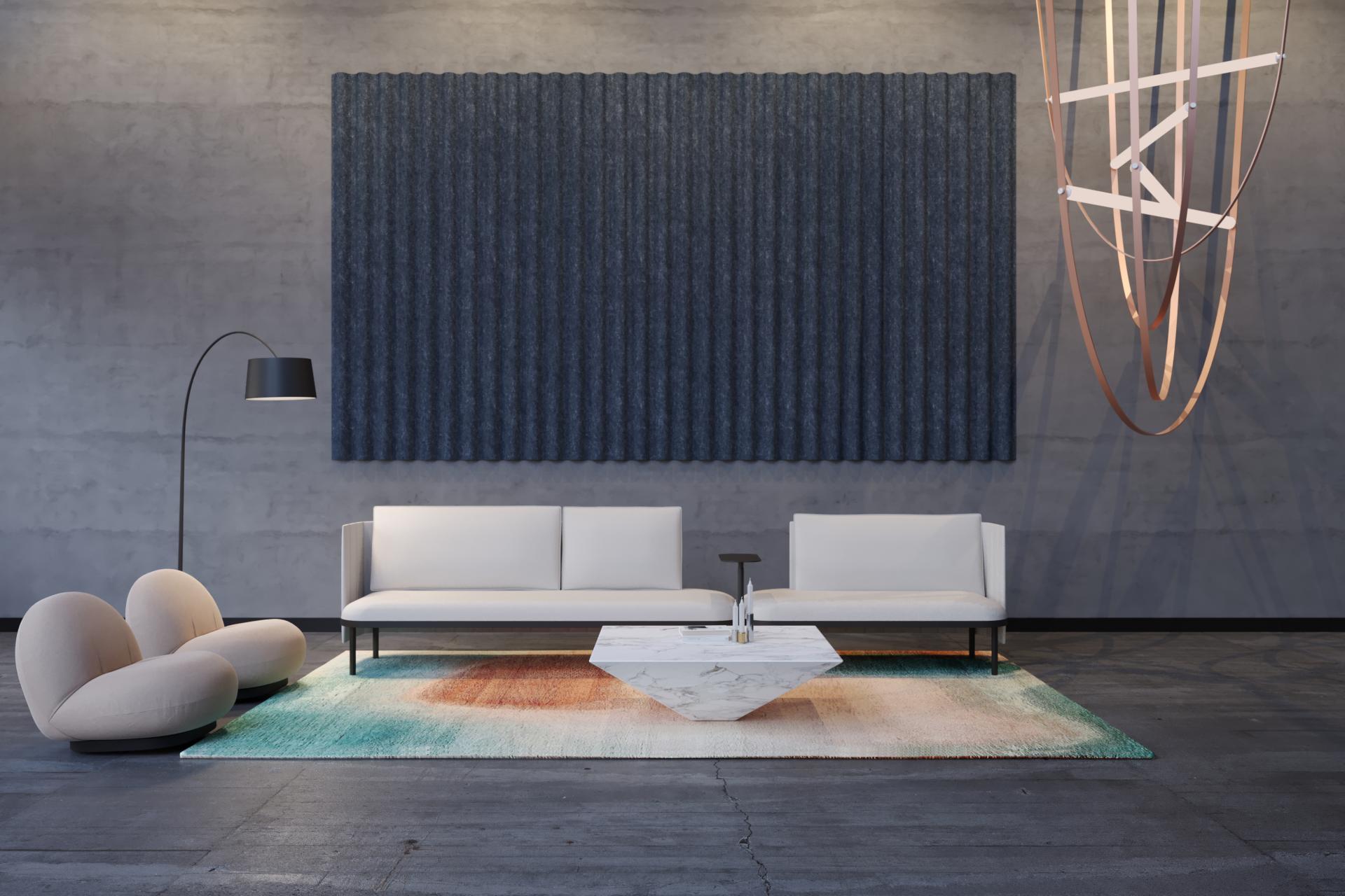 Swell acoustic wall cladding displayed in a modern lounge area featuring minimalist furniture and unique lighting.