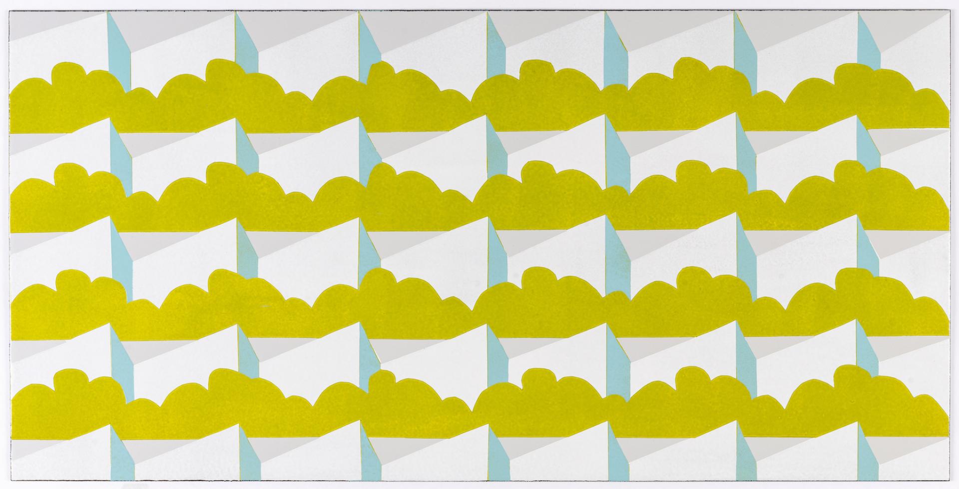 Colorful abstract pattern inspired by decorative minimalism, featuring layers of green shapes and geometric designs.