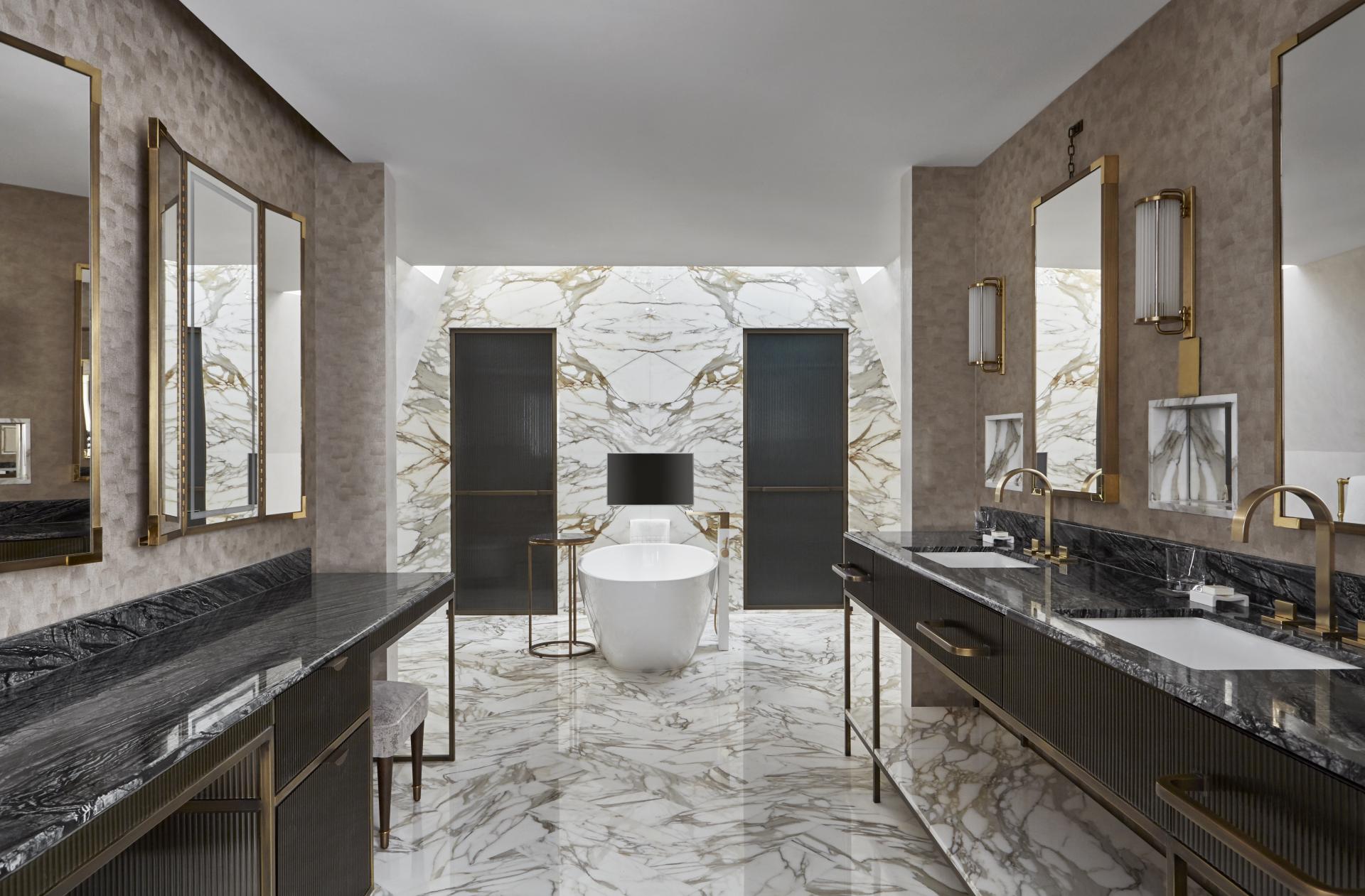 Luxurious Mandarin Oriental penthouse bathroom featuring marble surfaces, modern fixtures, and elegant design by Joyce Wang Studio.