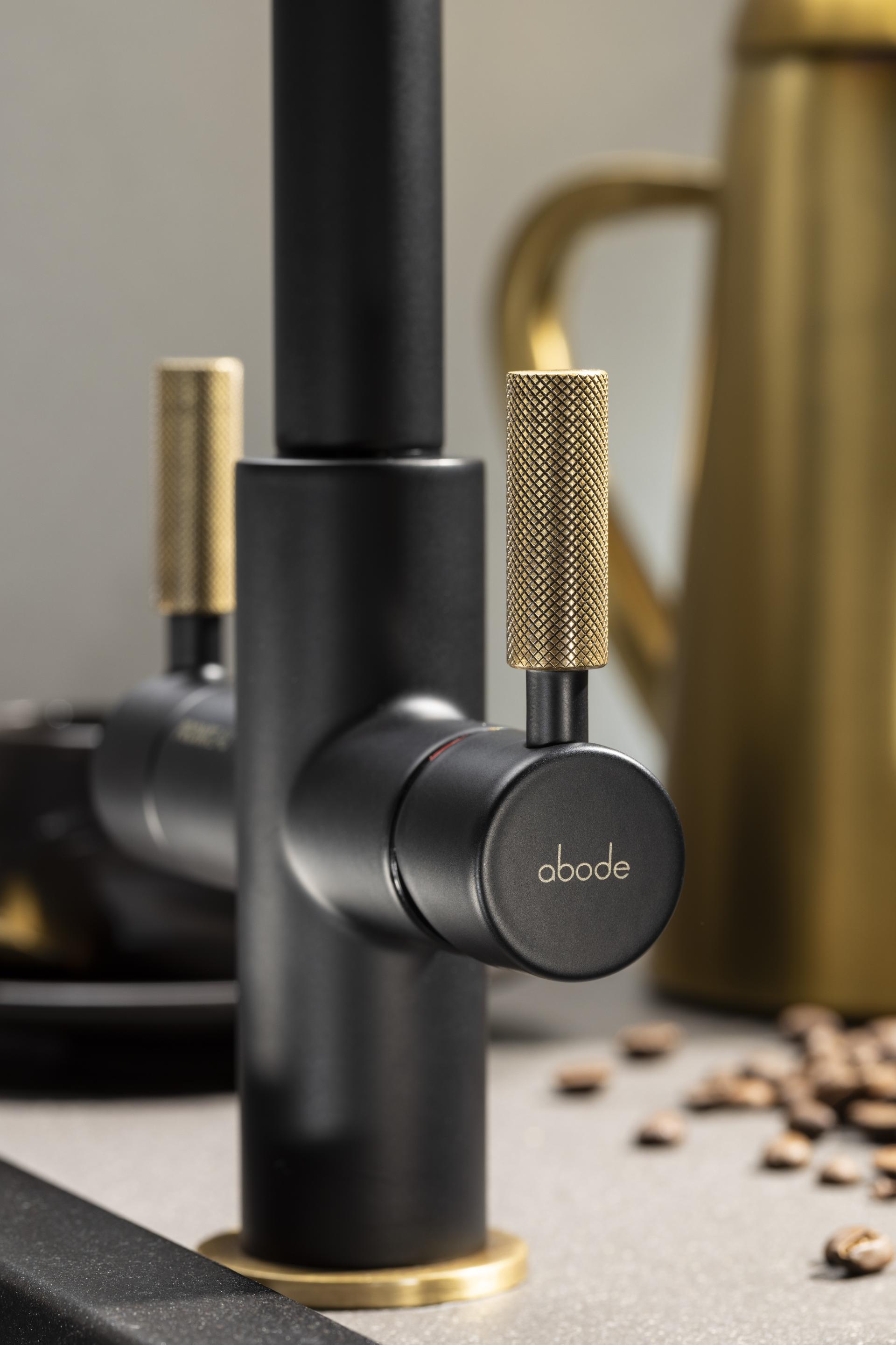 Pronteau Industria 3 IN 1 hot tap by Abode featuring sleek black design and gold accents, ideal for industrial-style kitchens.