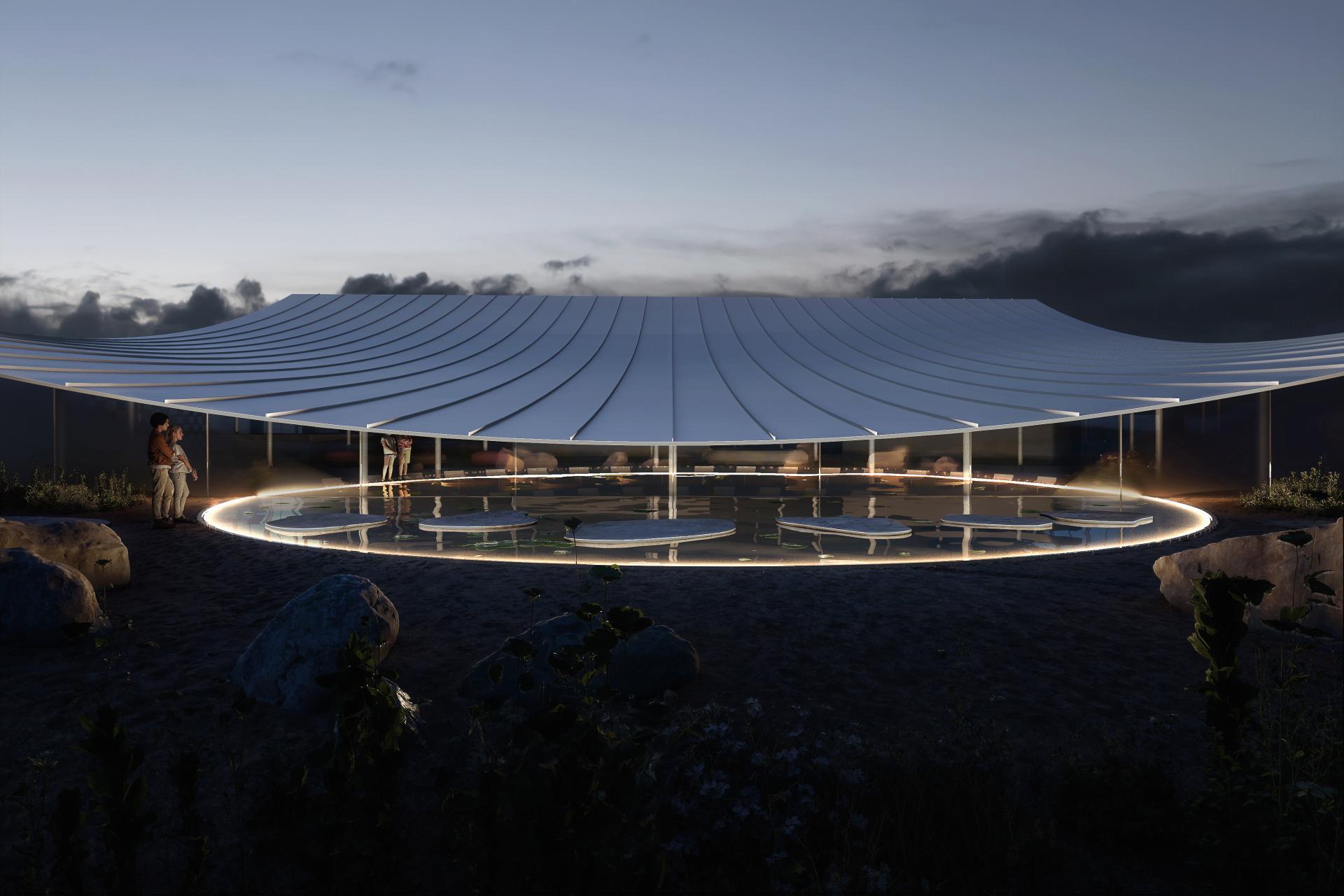 Conceptual rendering of the new Museum for Paper Art, featuring a modern, paper-like structure illuminated at dusk.