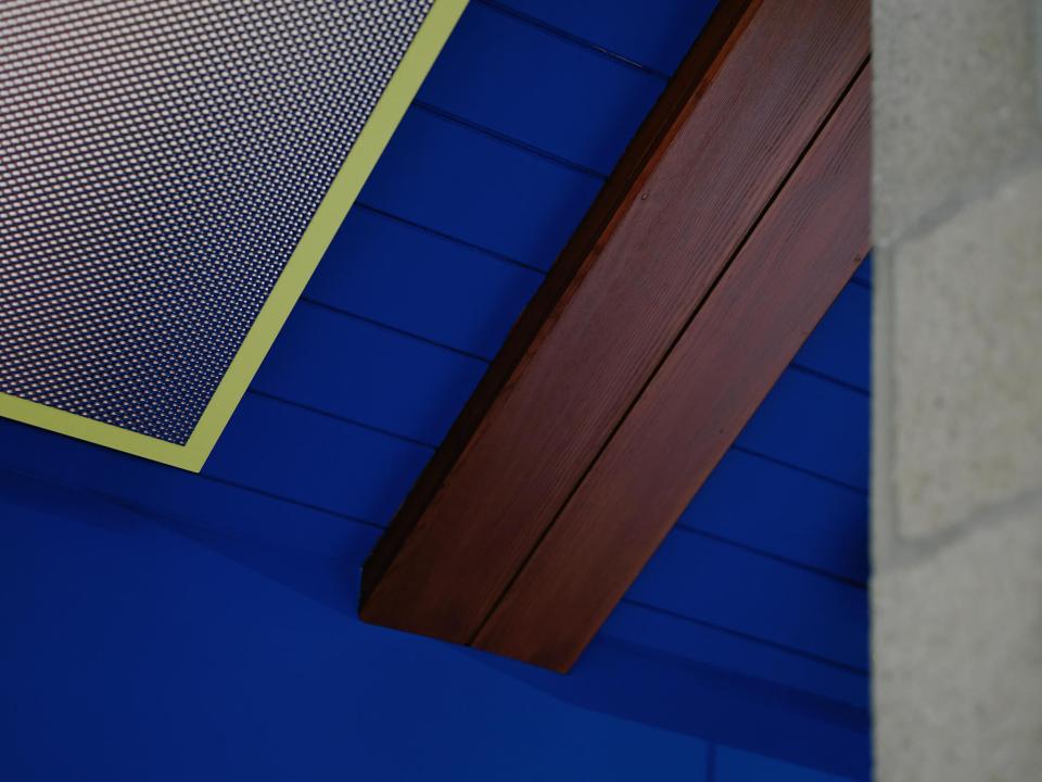 Vibrant blue ceiling with warm wooden beams and modern light features, showcasing the revitalized interior of Sedbergh School's Queens Hall.