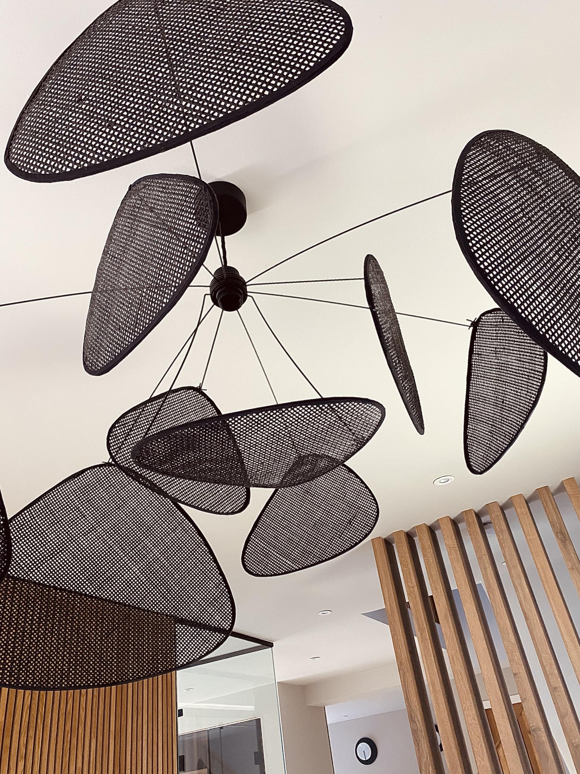 Modern black mesh light fixtures suspended from the ceiling in a stylish, contemporary design studio.