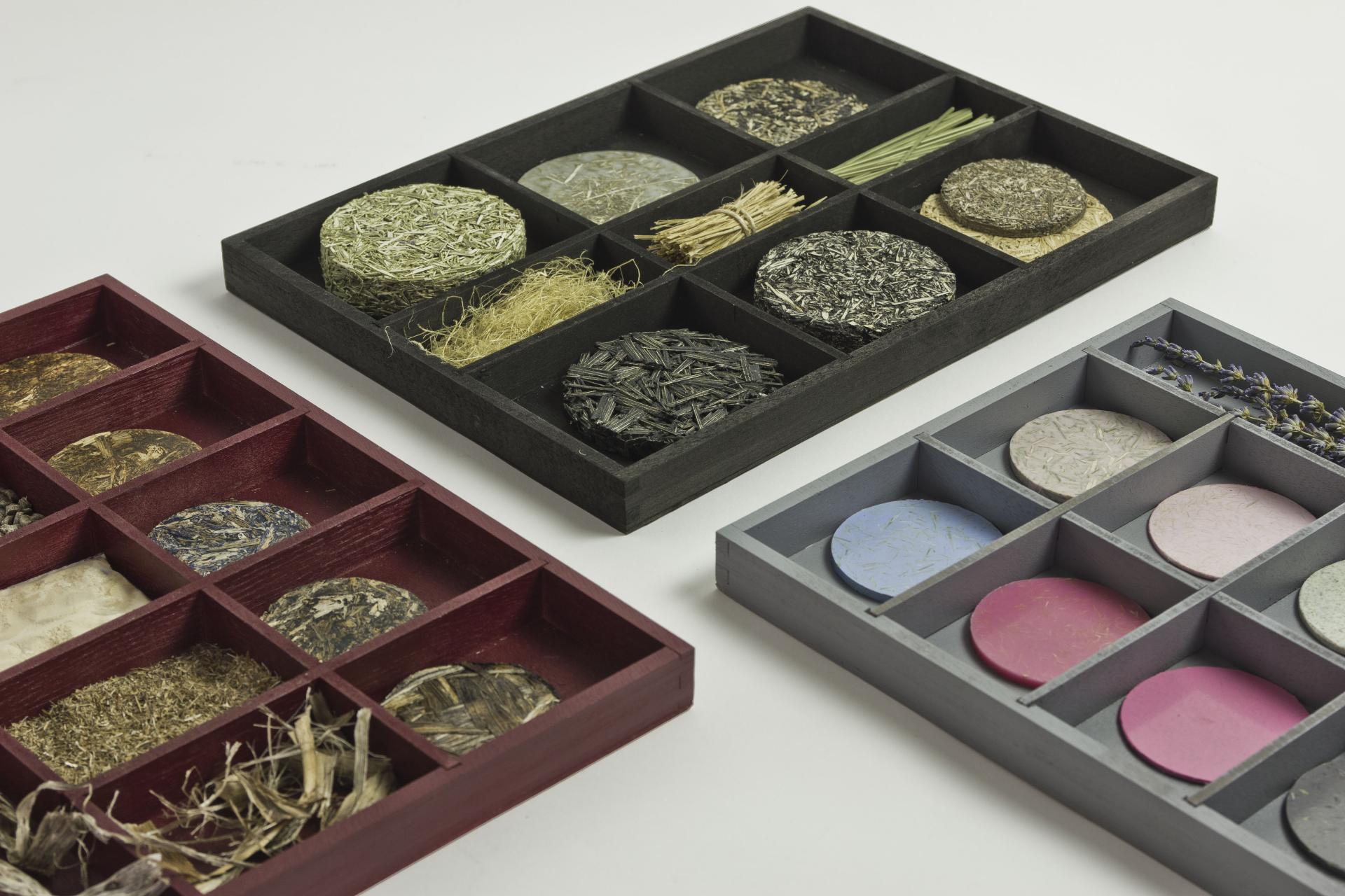 Natural materials in organized trays representing innovative bio-based products for sustainable design and art.