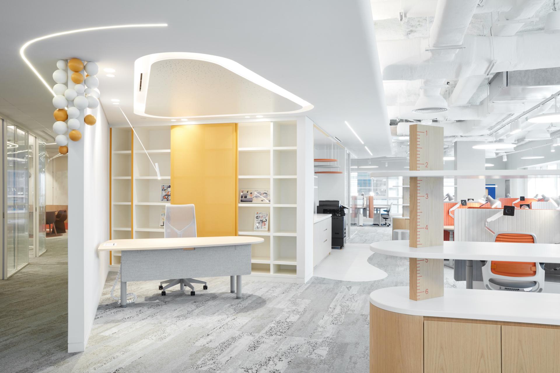 Modern reception area designed by Roar Studio for the Early Childhood Authority, featuring playful colors and functional furniture.