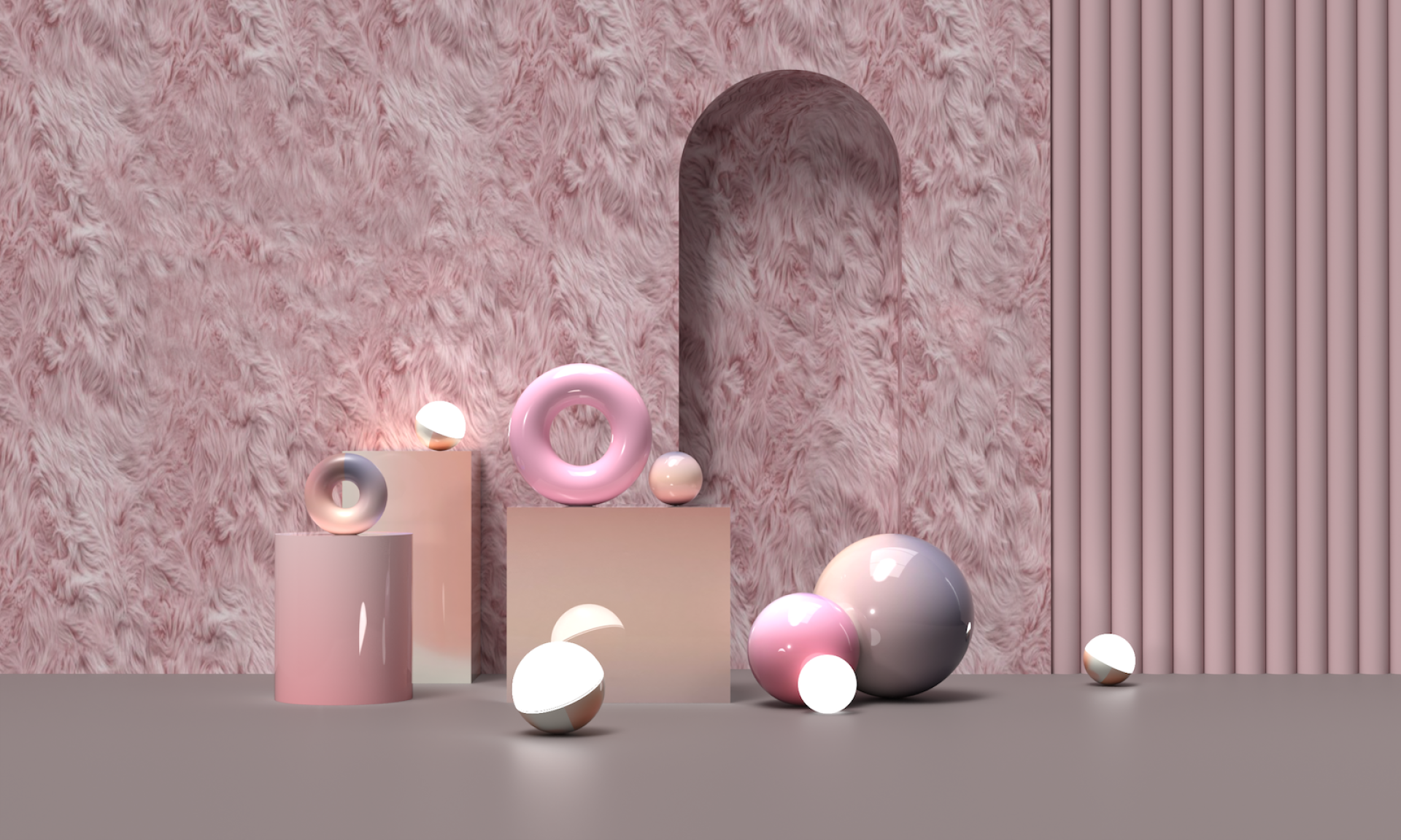 Abstract arrangement of glossy pink and white spheres and shapes against a textured pastel background, reflecting contemporary design aesthetics.