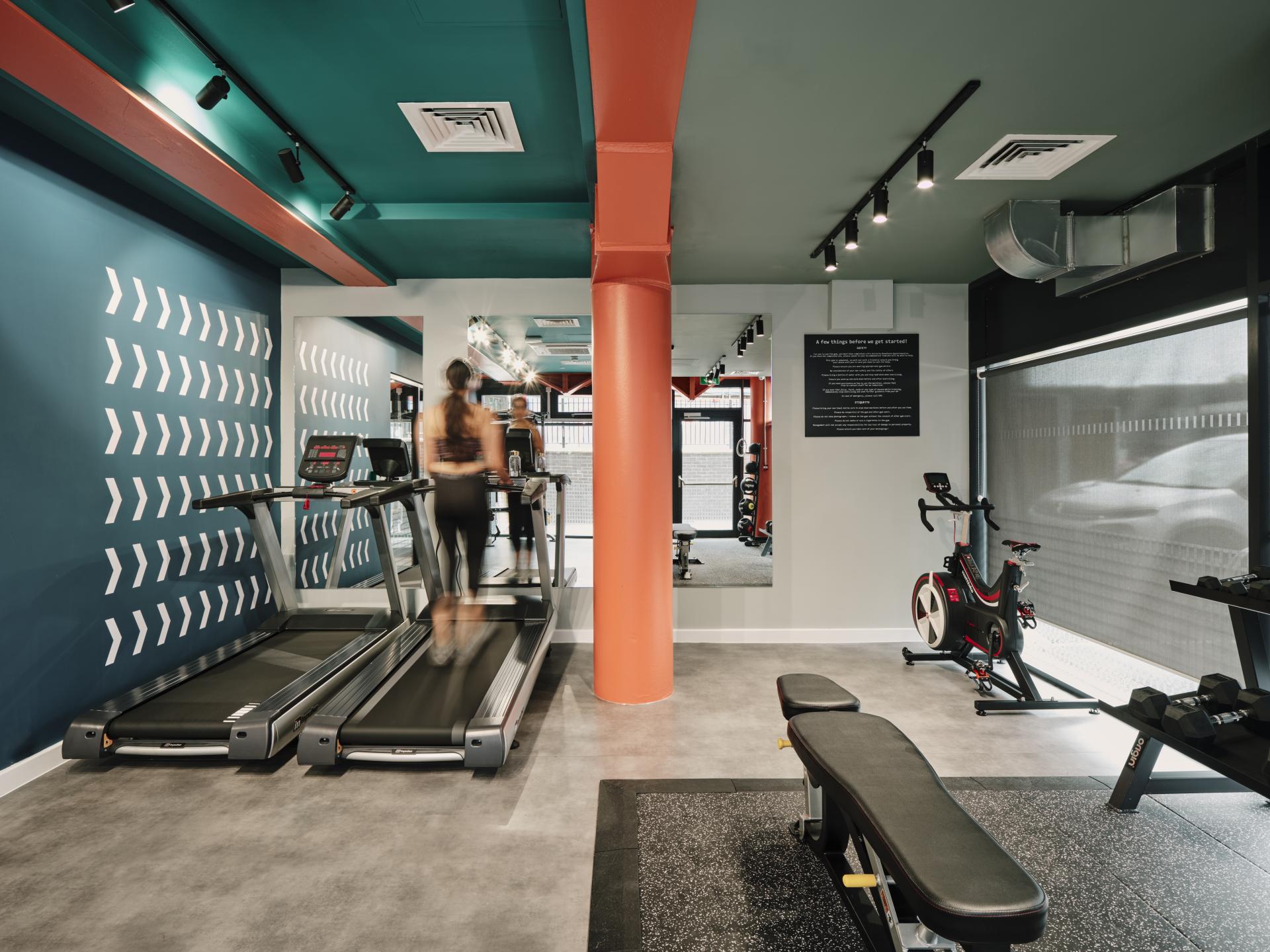 Modern gym interior featuring treadmills, weight bench, and exercise bike, reflecting aesthetic design and fitness culture.