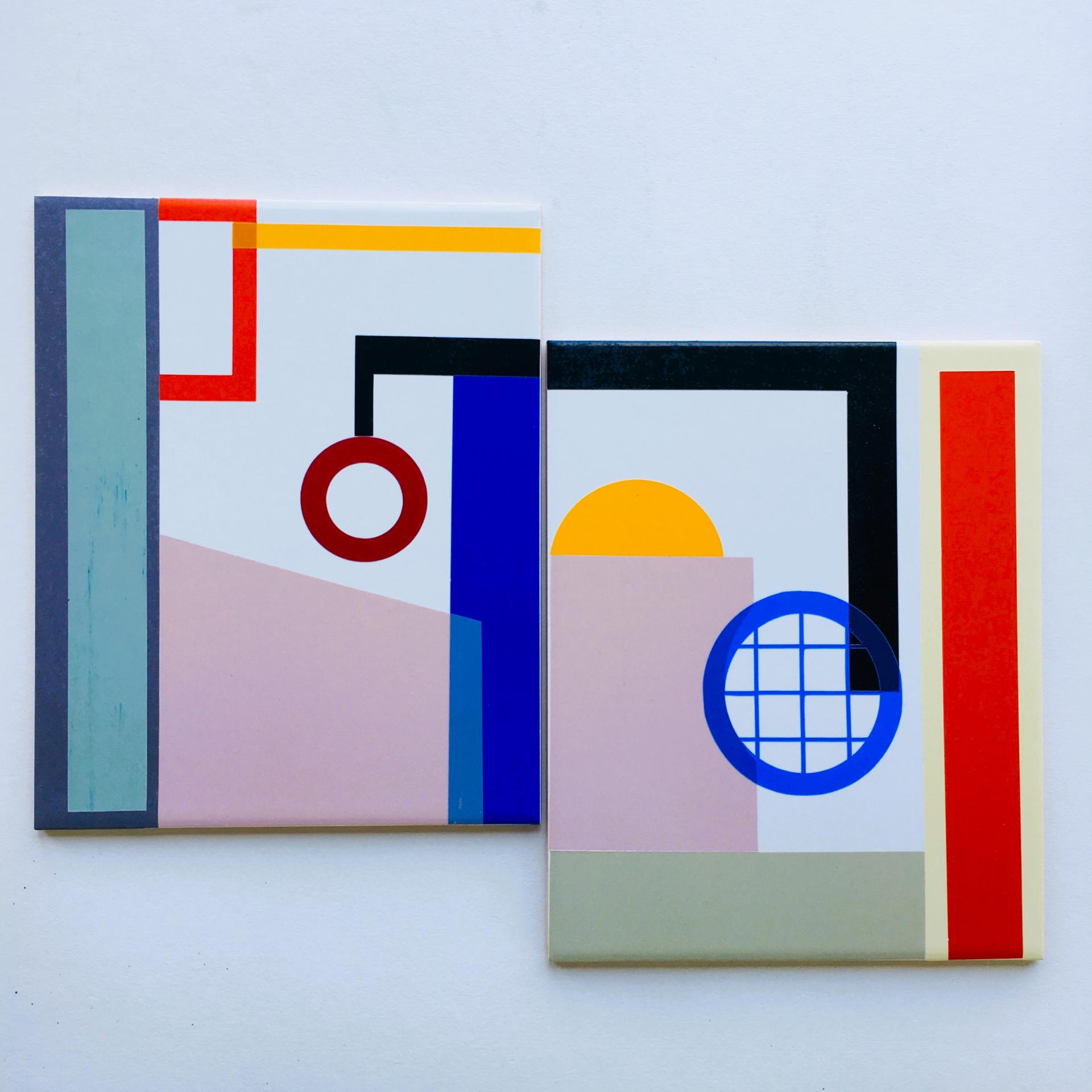 Colourful geometric ceramic tiles designed by Laura Lightbody, showcasing her unique approach to everyday shapes and artistry.