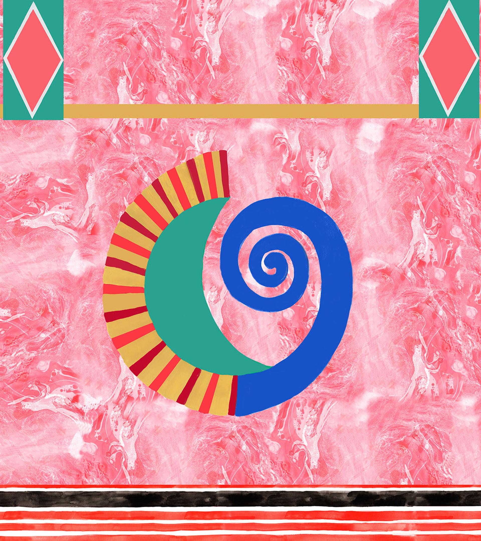 Colorful abstract artwork featuring spiral and geometric shapes, reflecting themes of coastal revival and northern seaside towns.