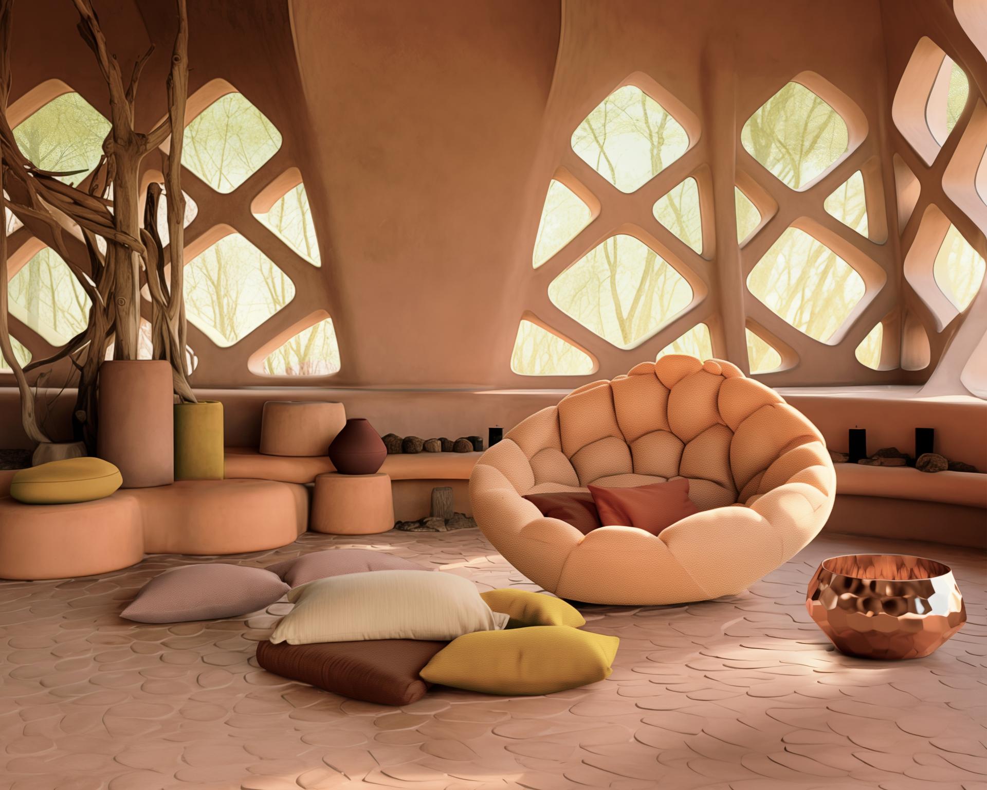 A cozy, well-designed interior featuring organic shapes, soft seating, and natural light for a serene wellbeing environment.