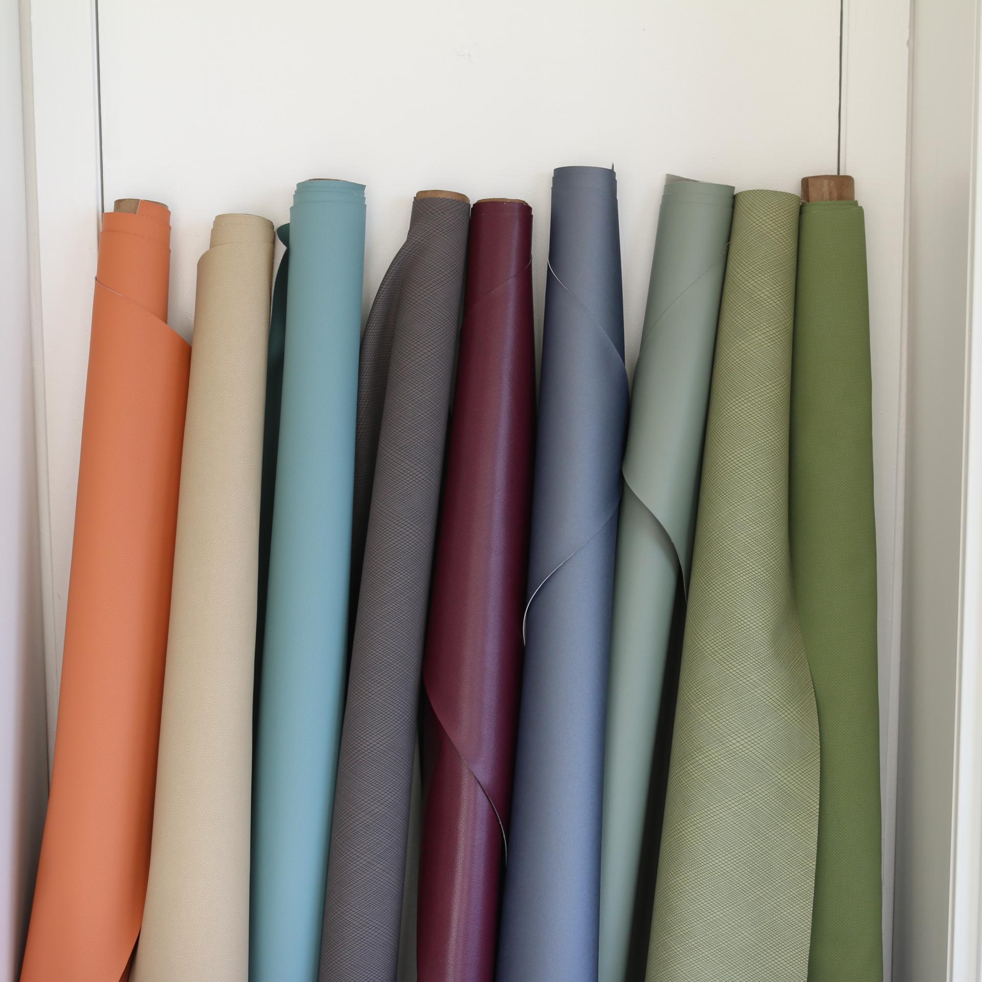 Rolls of Ultrafabrics animal-free textiles in various shades, showcasing the new Mindfulness Colour Palette collaboration with Kimberle.