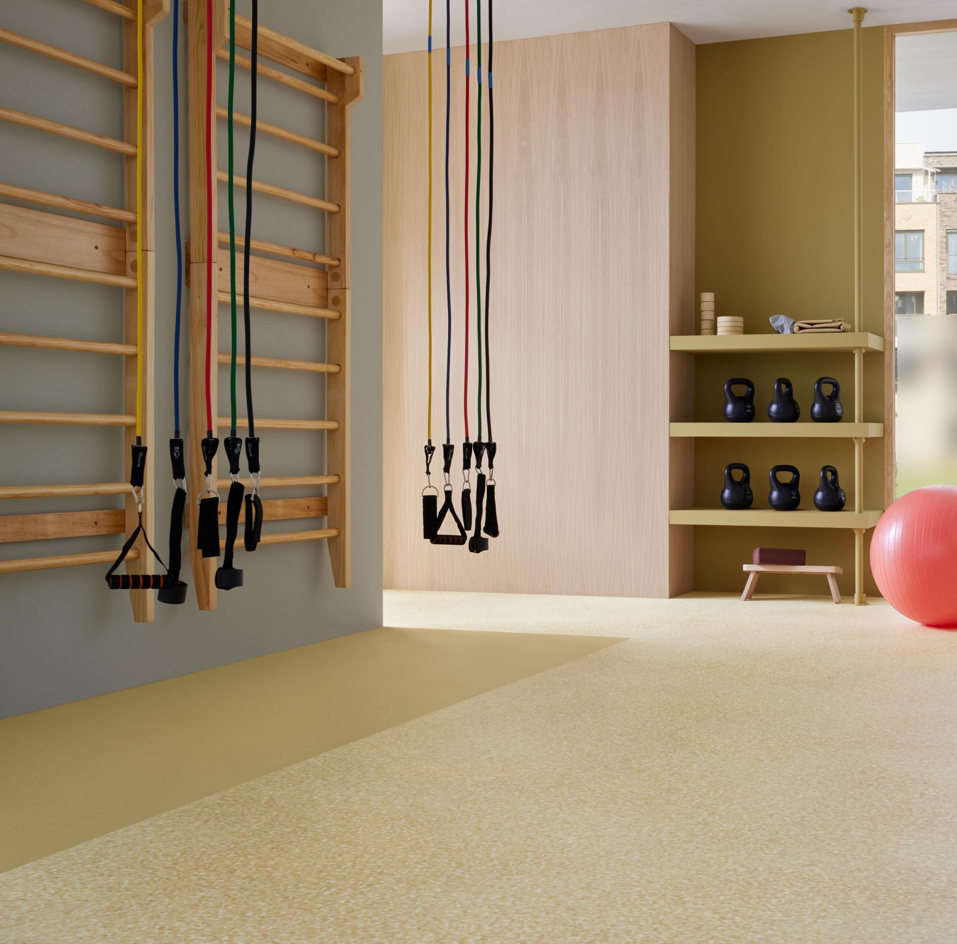 Modern fitness space featuring Forbo's Modul’up flooring with vibrant colors, exercise equipment, and soothing natural tones.