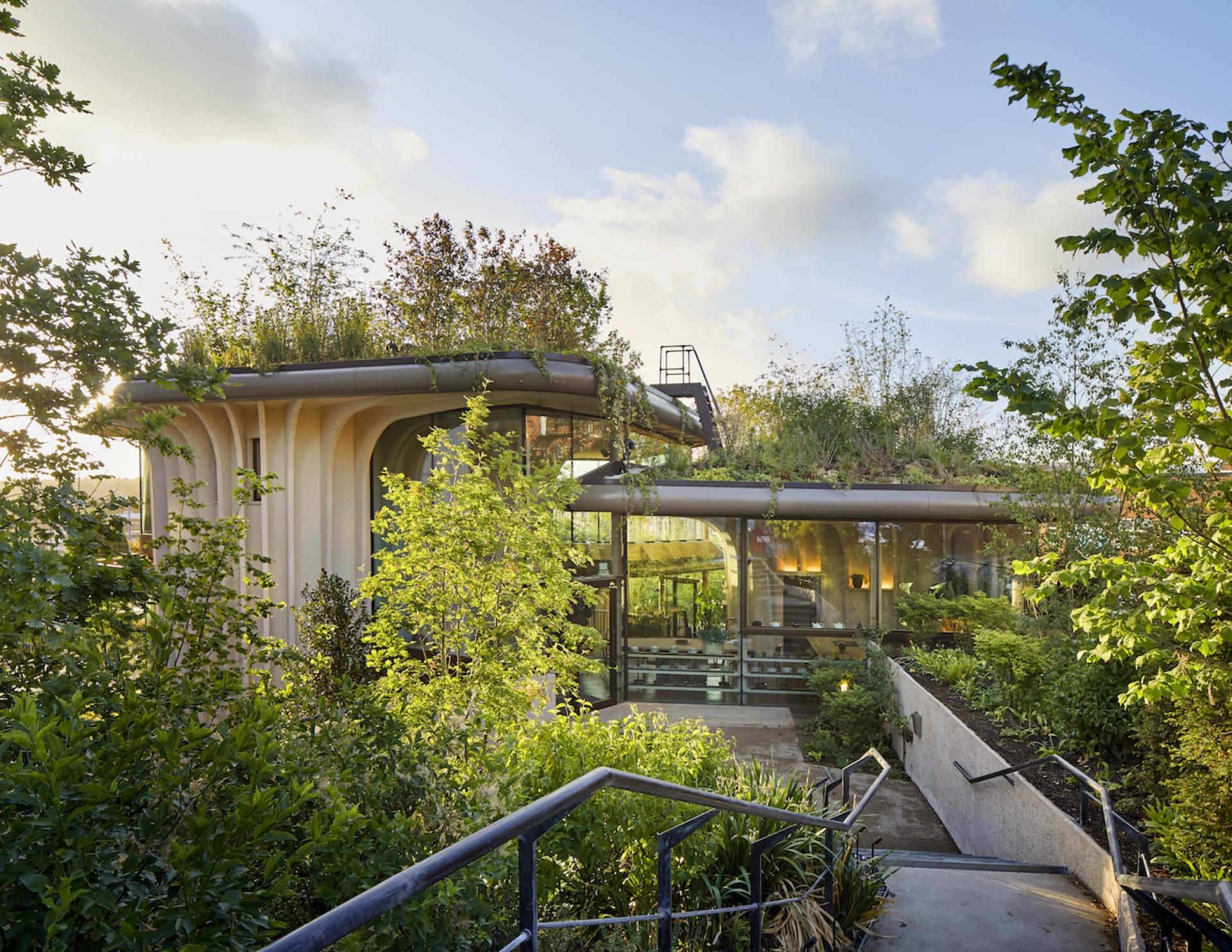 Modern architectural design of Maggie's Leeds center, surrounded by lush greenery and natural elements, by Heatherwick Studios.