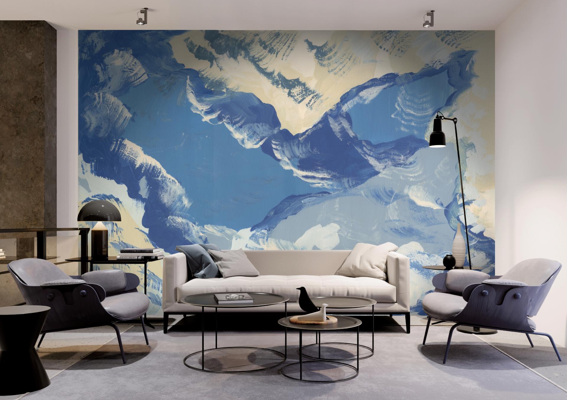 Vibrant mural by Jan Erika featuring organic shapes in blue tones, enhancing a modern living space with unique patterns.