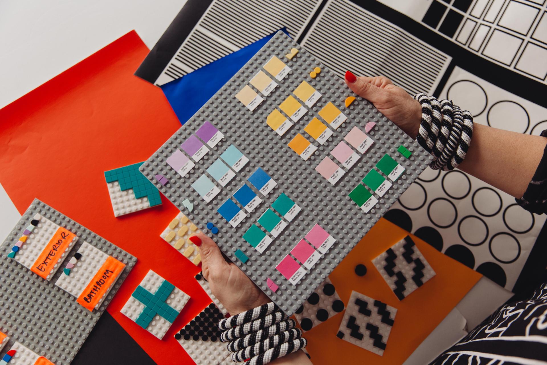 Colorful LEGO palette and design boards with assorted geometric patterns illustrating Camille Walala's interactive HOUSE OF DOTS installation.