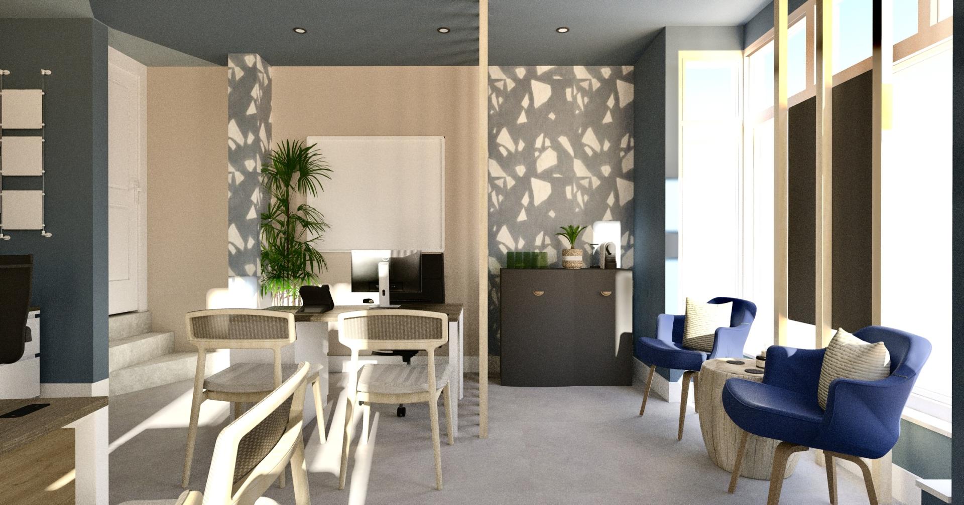 Bright and modern Manchester design studio featuring workspace, seating, and vibrant décor reflecting collaboration and creativity.