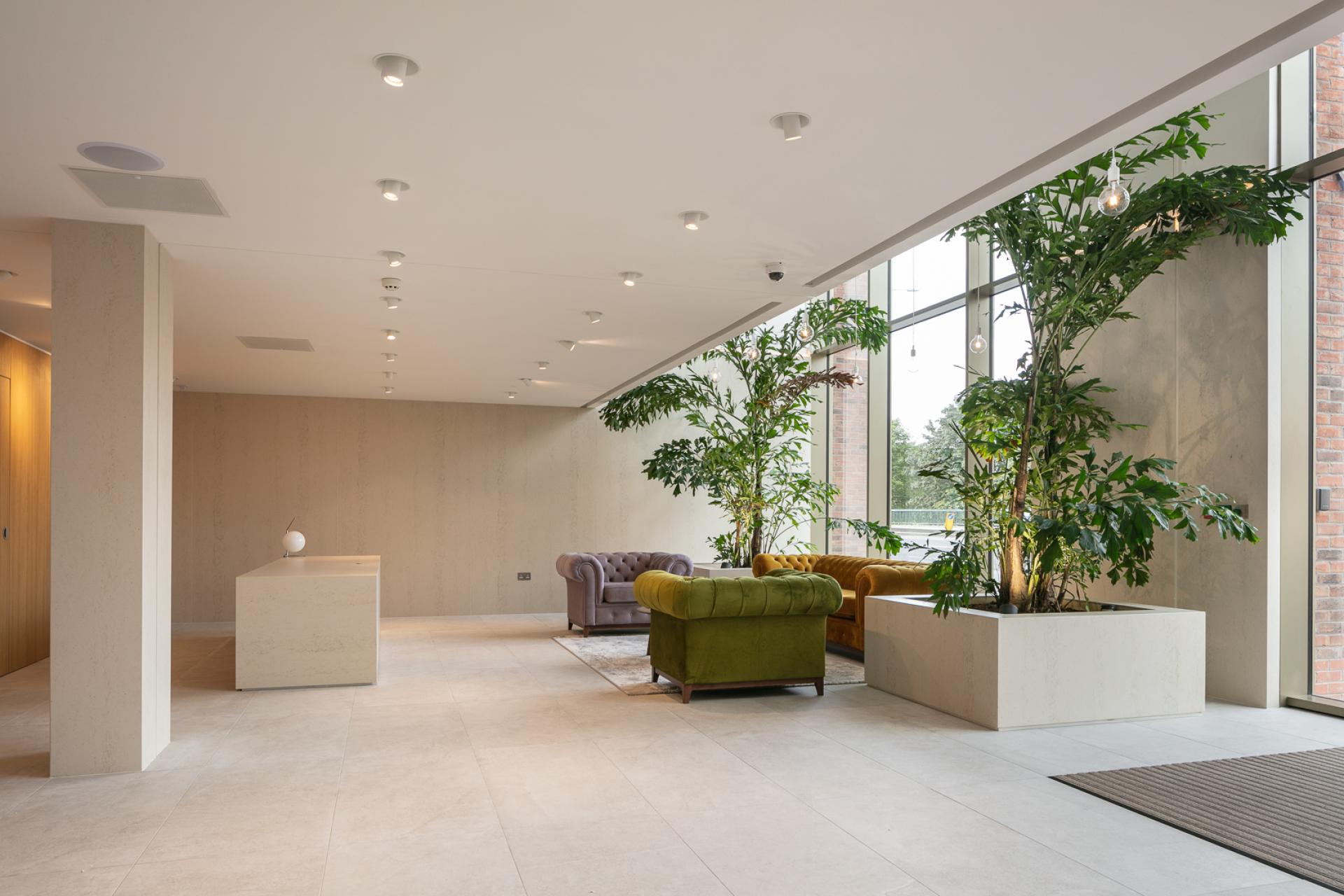 Stylish showroom interior by Studio Power featuring Cosentino materials, modern seating, and lush greenery for Salboy.