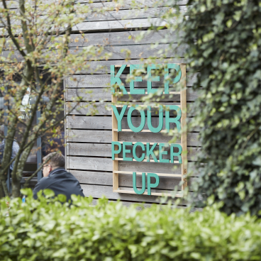 Uplifting sign reading "KEEP YOUR PECKER UP" in NOMA neighbourhood garden, with people enjoying the outdoor space.
