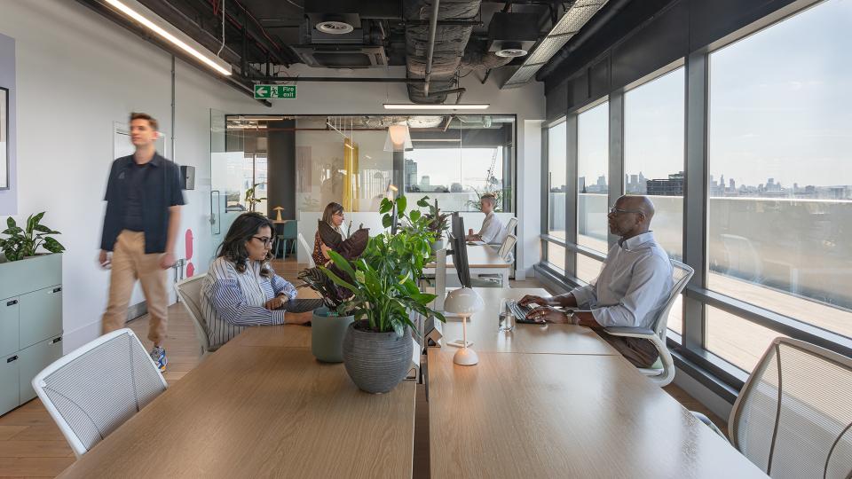 Modern workspace designed by Gensler for First Love Foundation, featuring plants, natural light, and individuals collaborating.