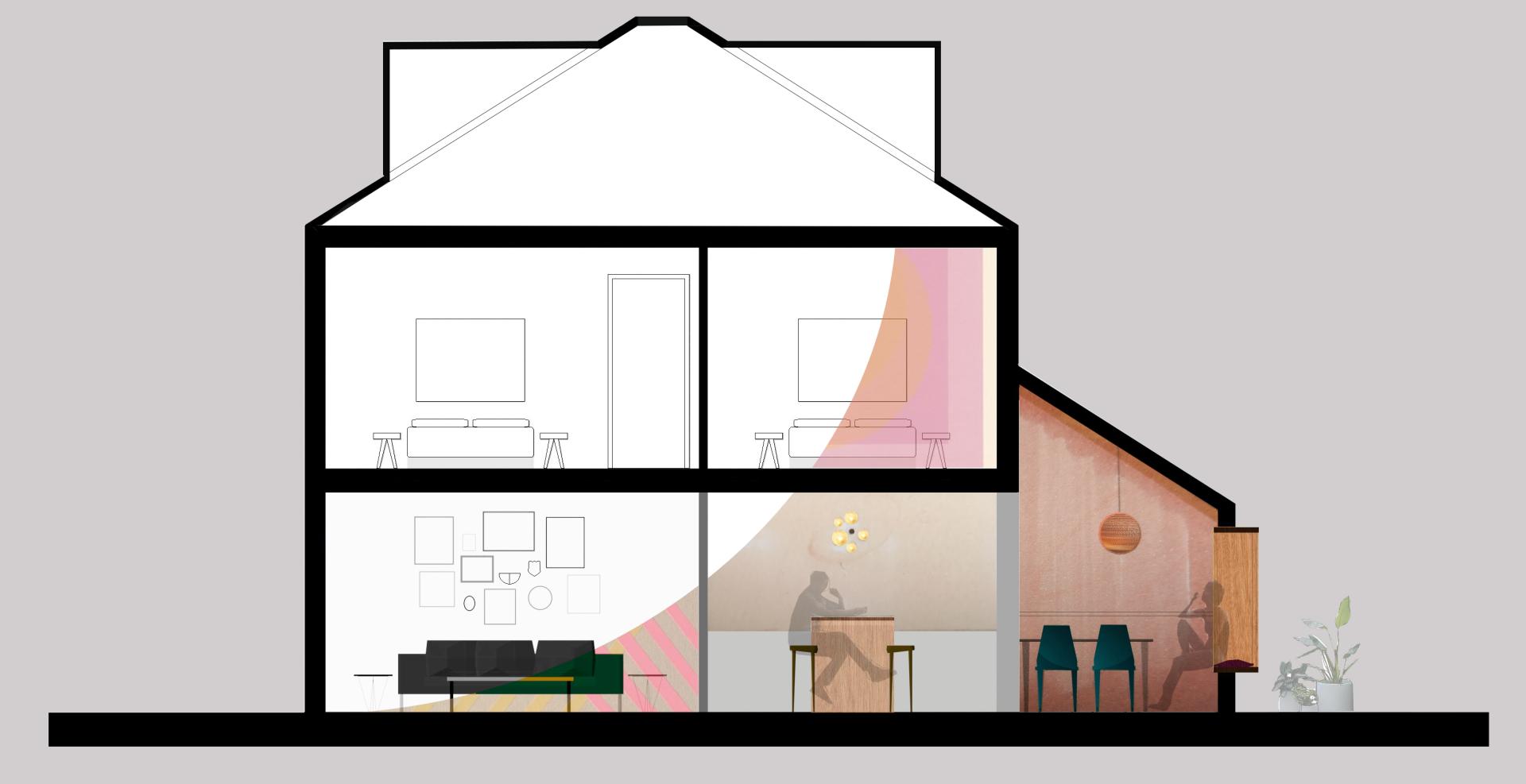 Architectural cross-section illustrating a minimal intervention design, highlighting living spaces and modern interior features by Melba Beetham.
