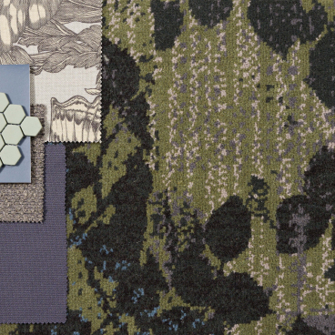 Textiles showcasing natural patterns and color palettes inspired by the Lancashire countryside, featuring fabric swatches and hexagon tiles.