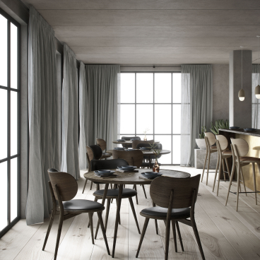 Elegant dining area featuring Mater's new furniture designs by Space Copenhagen at Salone del Mobile 2019 in Milan.
