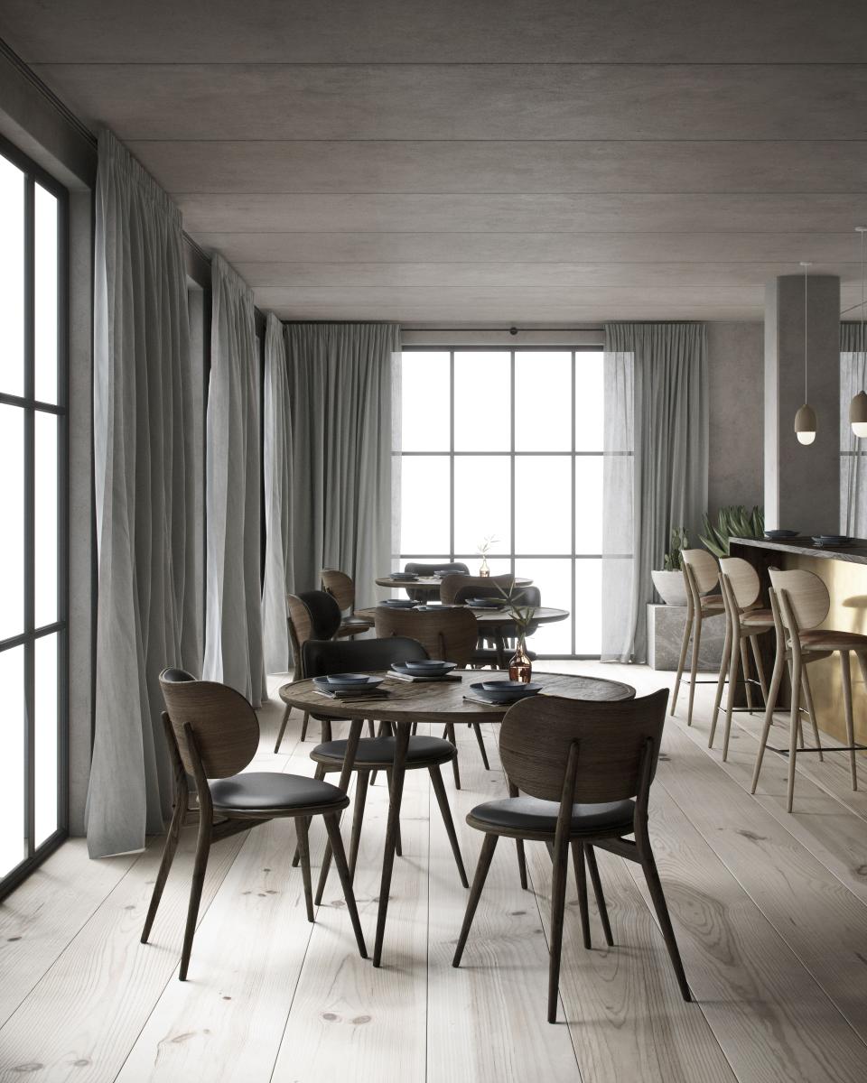 Elegant dining area featuring Mater's new furniture designs by Space Copenhagen at Salone del Mobile 2019 in Milan.