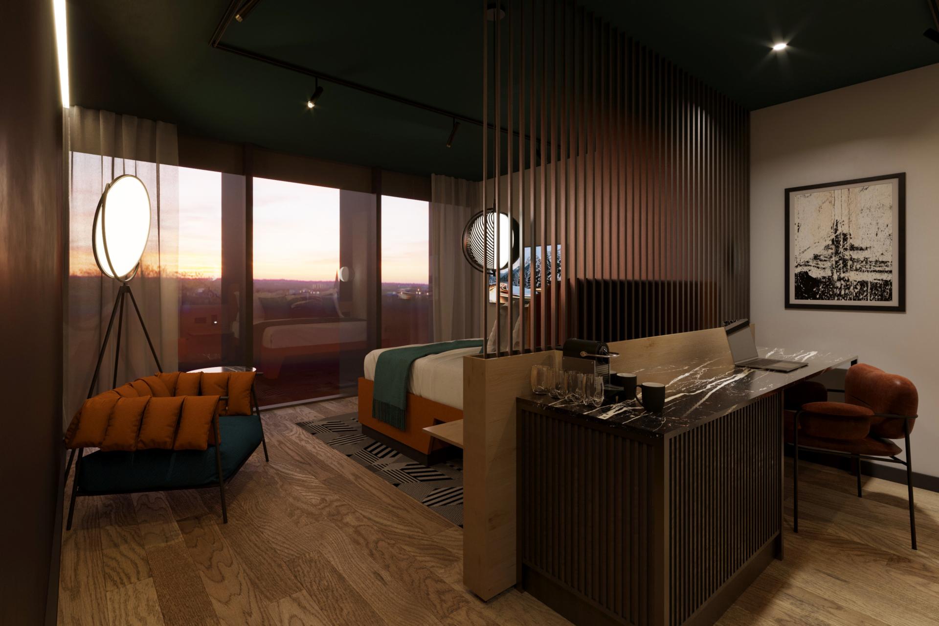 Modern hotel room interior featuring a stylish bed, lounge area, and panoramic windows showcasing a sunset view.