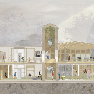 Innovative architectural design showcasing a vibrant interior layout with people engaging in various activities.