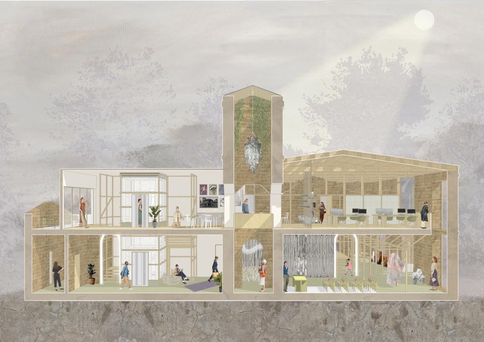 Innovative architectural design showcasing a vibrant interior layout with people engaging in various activities.