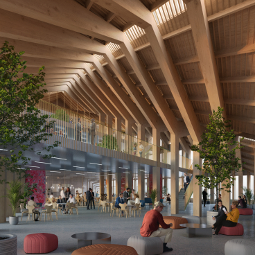 Interior view of Marengo Multimodal Transport Hub showcasing bio-based mass timber design, with vibrant seating and greenery.