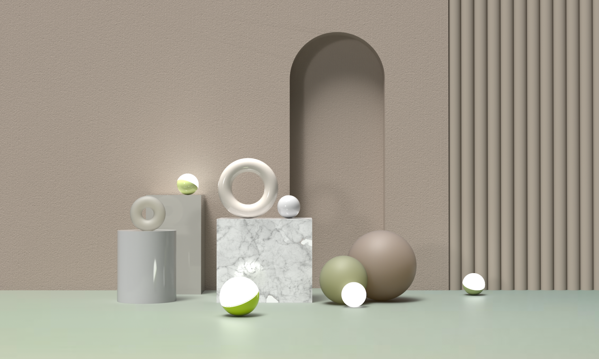 A serene arrangement of modern, minimalistic sculptures and spheres in soft, neutral colors reflecting thoughtful design principles.