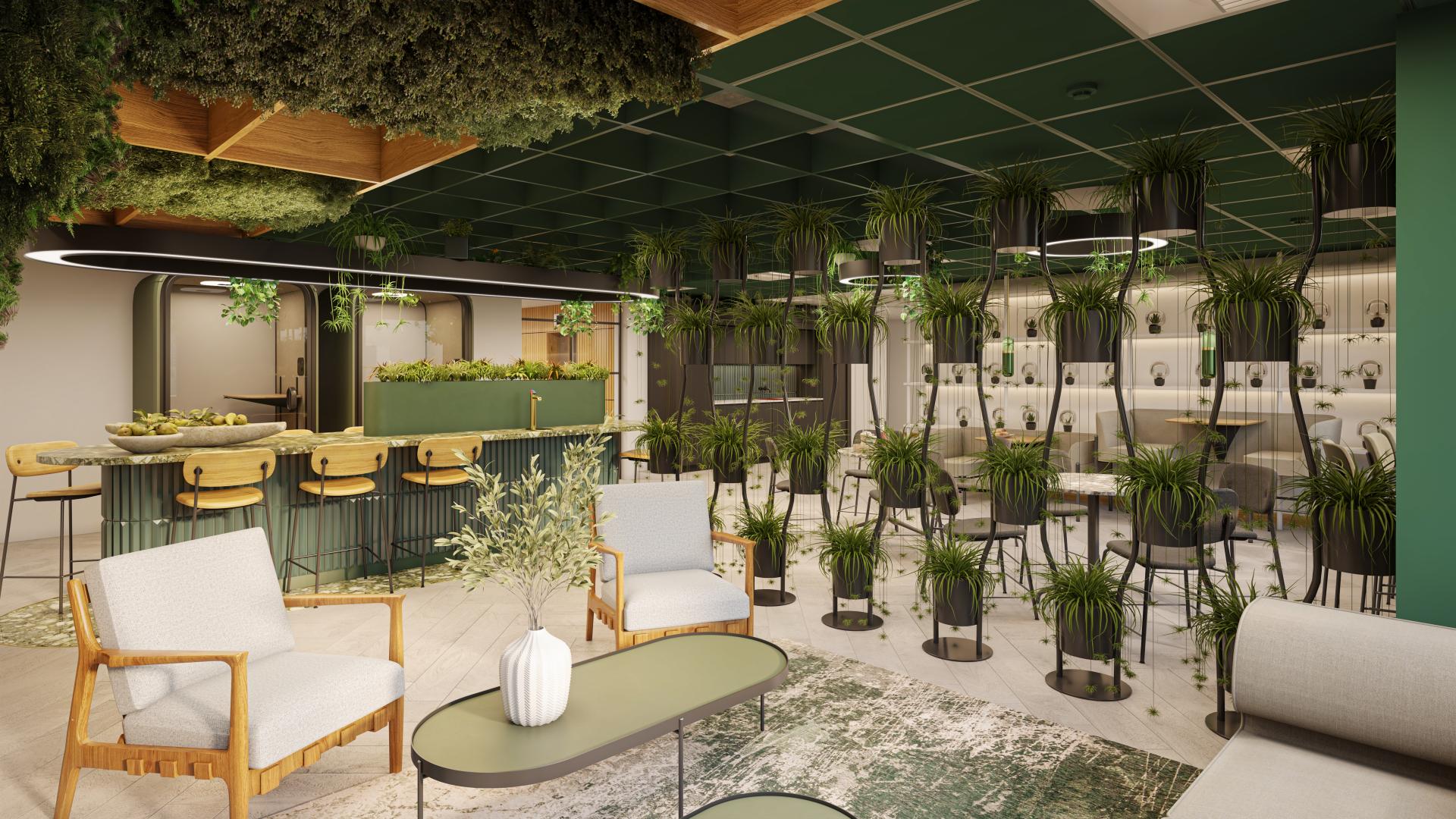 Modern interior design featuring a green-themed space with hanging plants, seating areas, and a stylish bar.