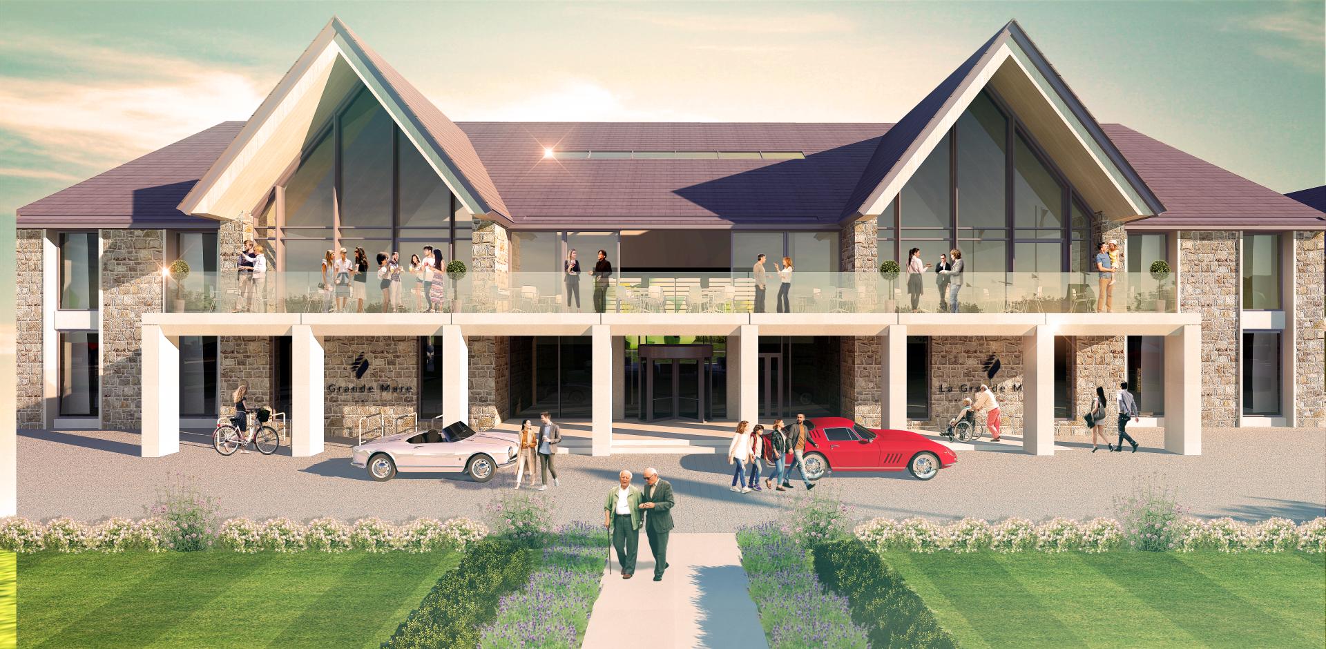 Modern architectural design of a multi-use building with outdoor spaces, cars, and people socializing, emphasizing harmonious integration.