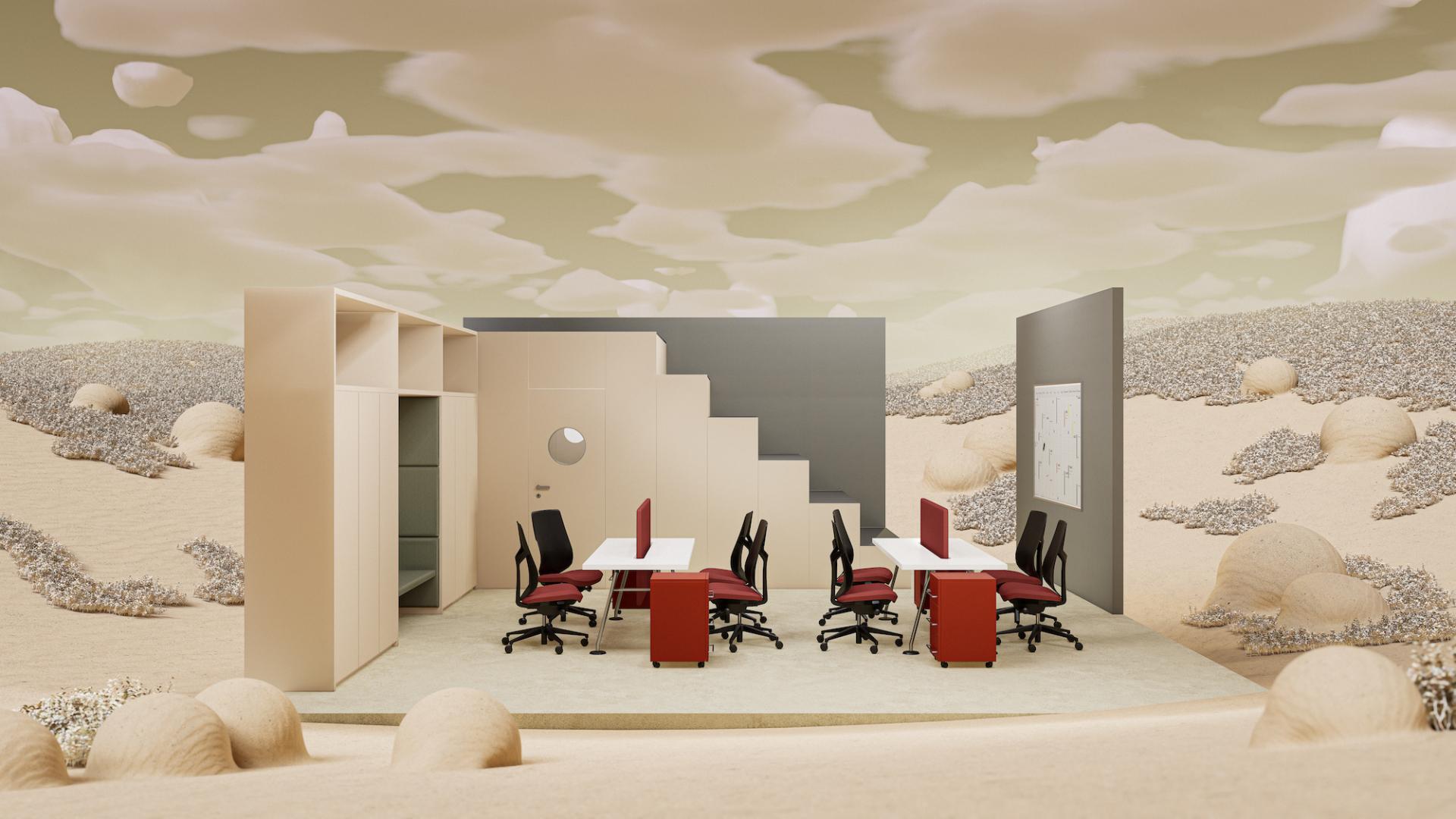 Modern office design featuring collaborative workspaces with red and black chairs against a surreal desert backdrop.